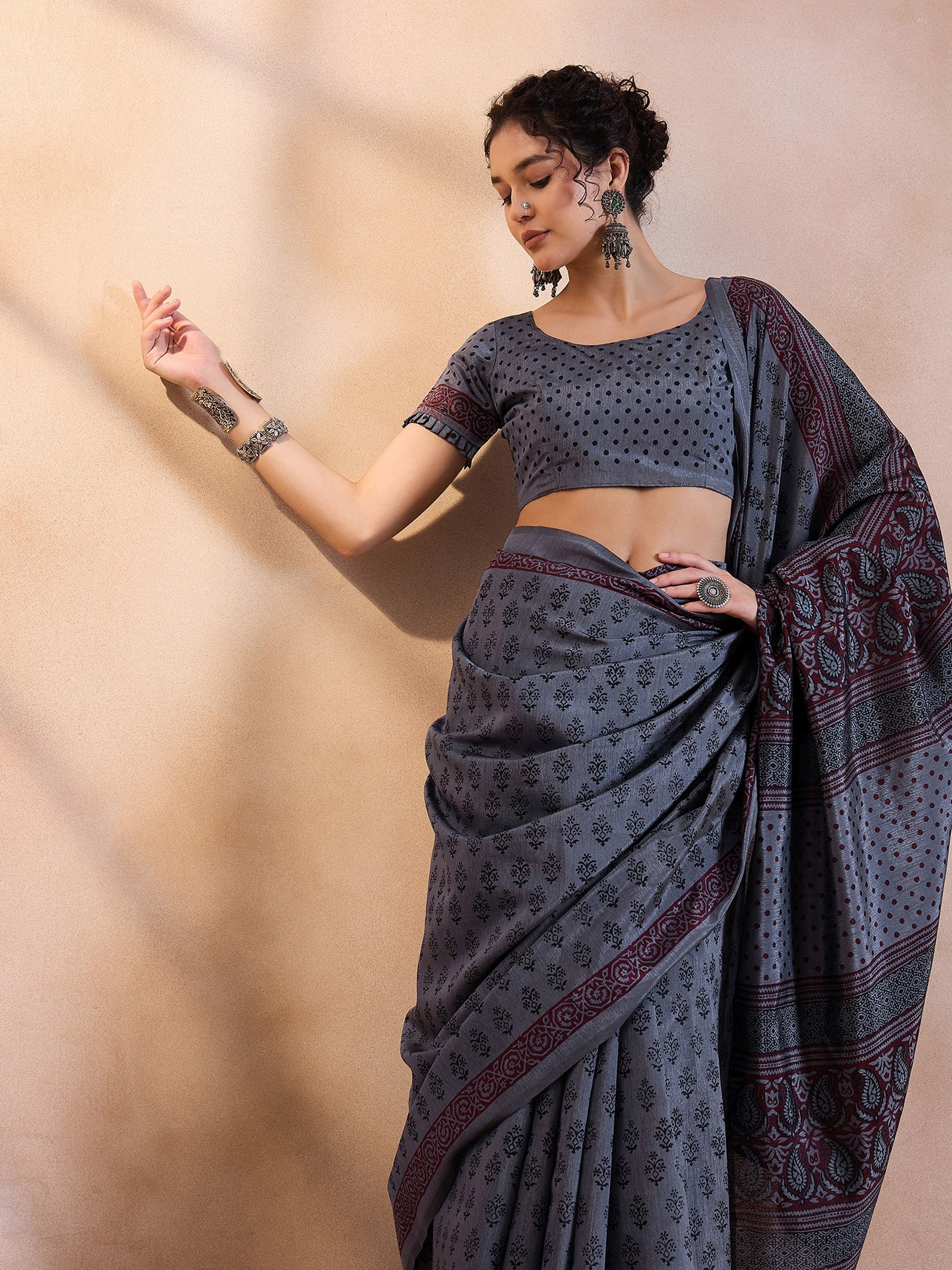 Ship Grey Printed Dola Silk Saree