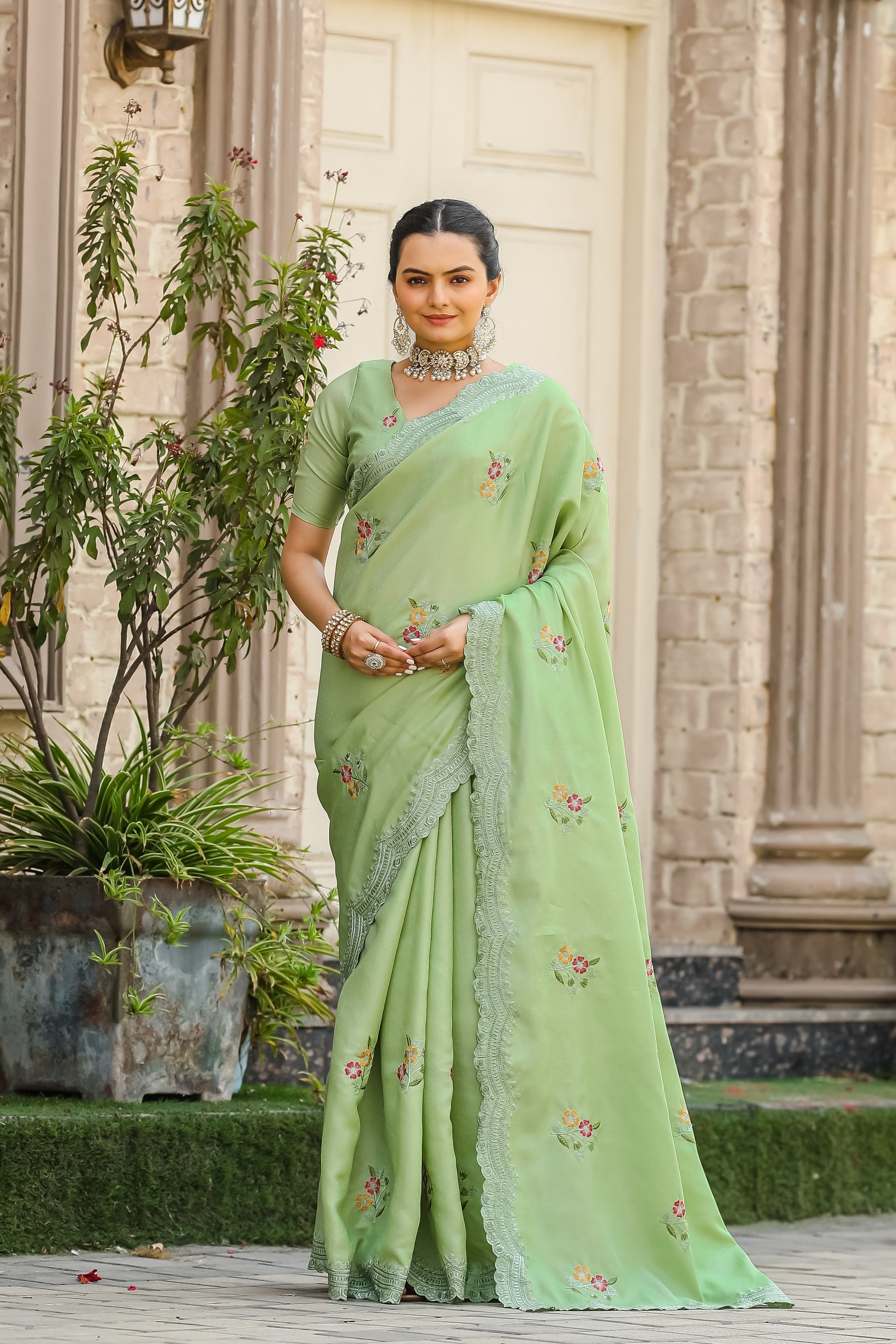 Pista Green Embroidery Tussar Cotton Saree