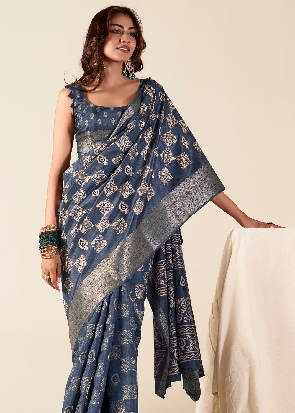 River Bed Blue Banarasi Printed Soft Silk Saree