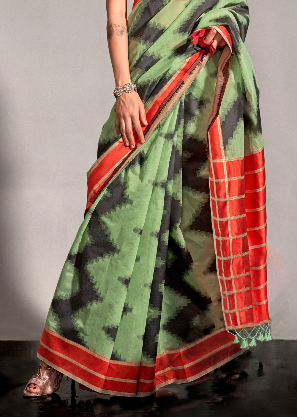 Celadon Green Woven Banarasi Soft Silk Saree