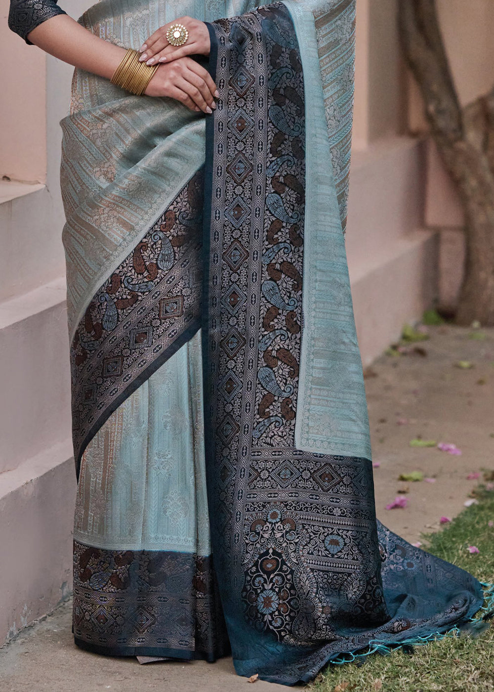 Opal Blue Designer Satin Silk Saree