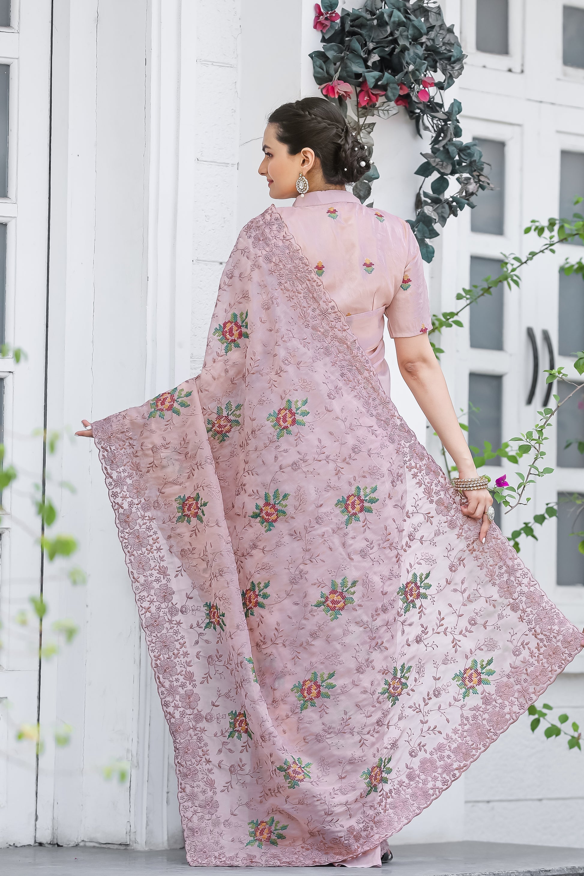 Old Pink Embroidered Chiffon Silk Saree