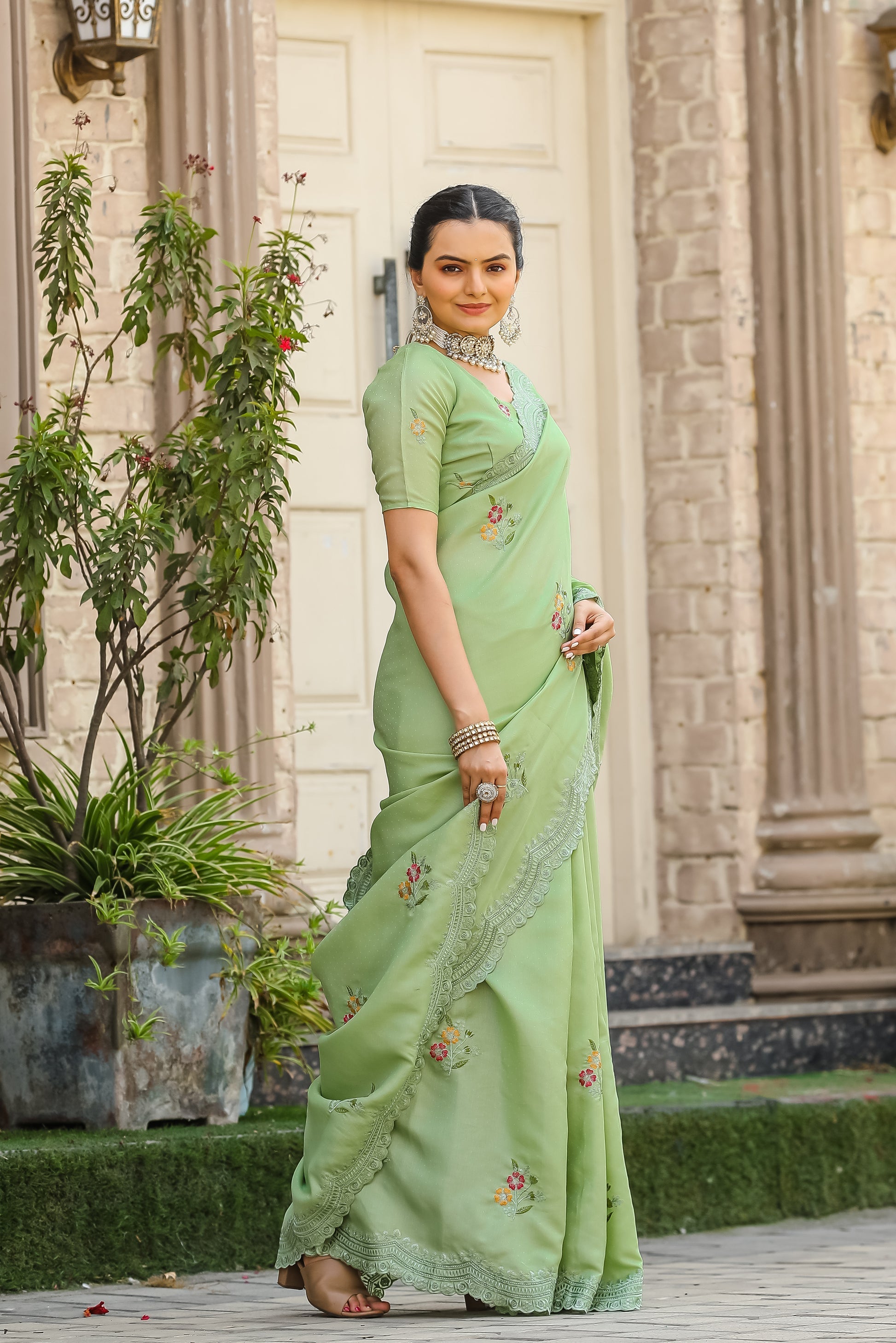 Pista Green Embroidery Tussar Cotton Saree