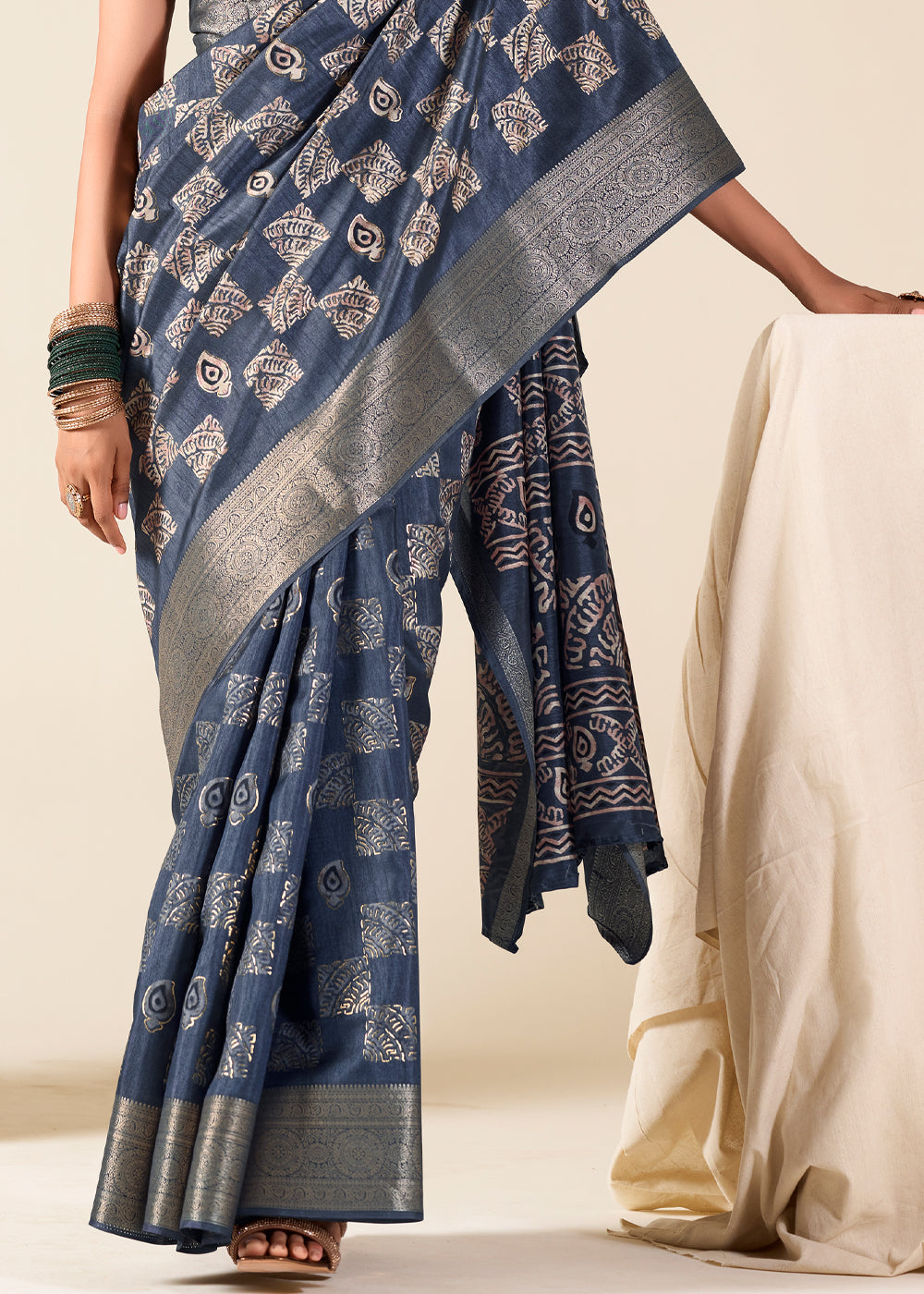 River Bed Blue Banarasi Printed Soft Silk Saree