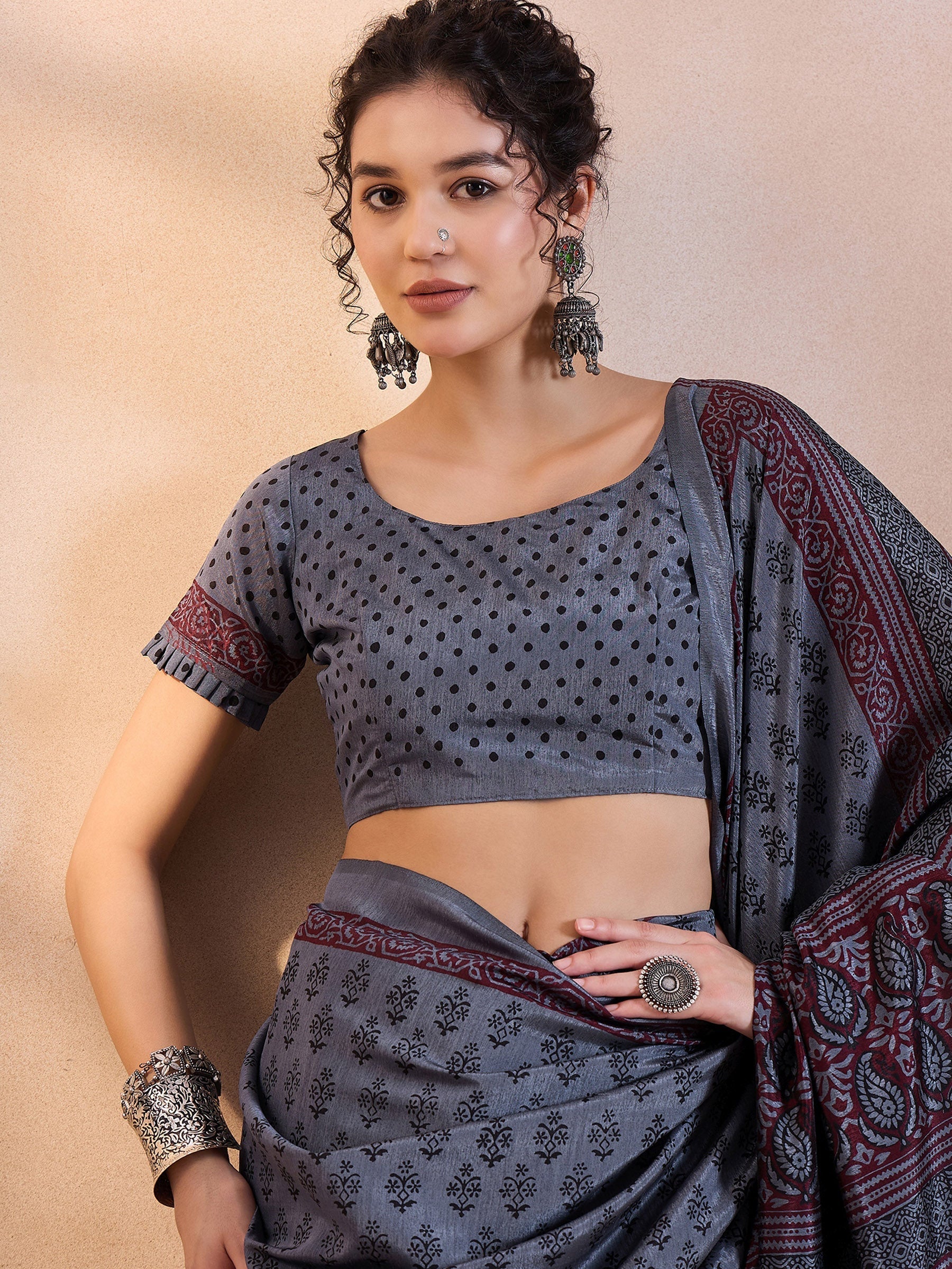 Ship Grey Printed Dola Silk Saree