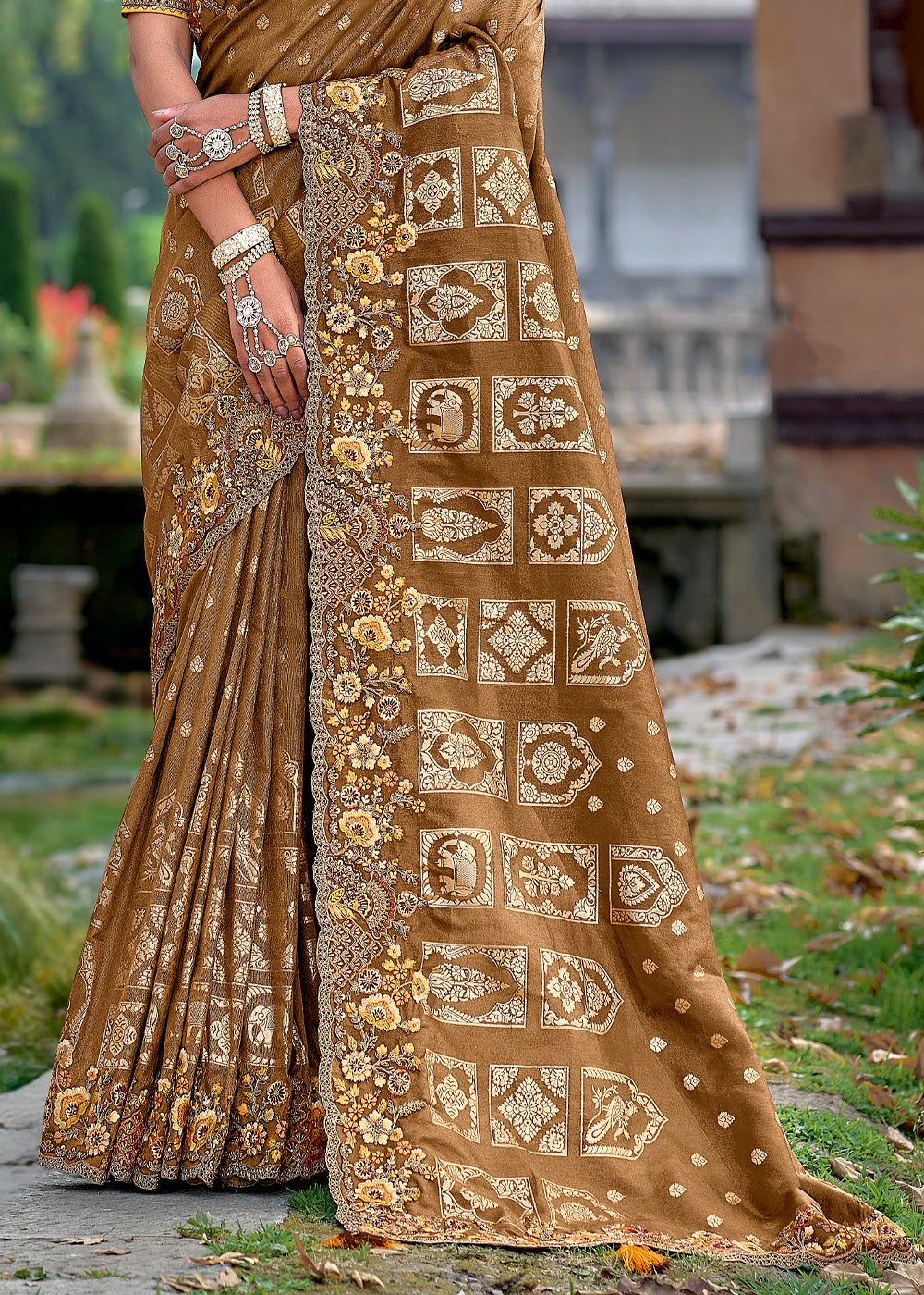 Russet Brown Woven Designer Banarasi Embroidered Silk Saree