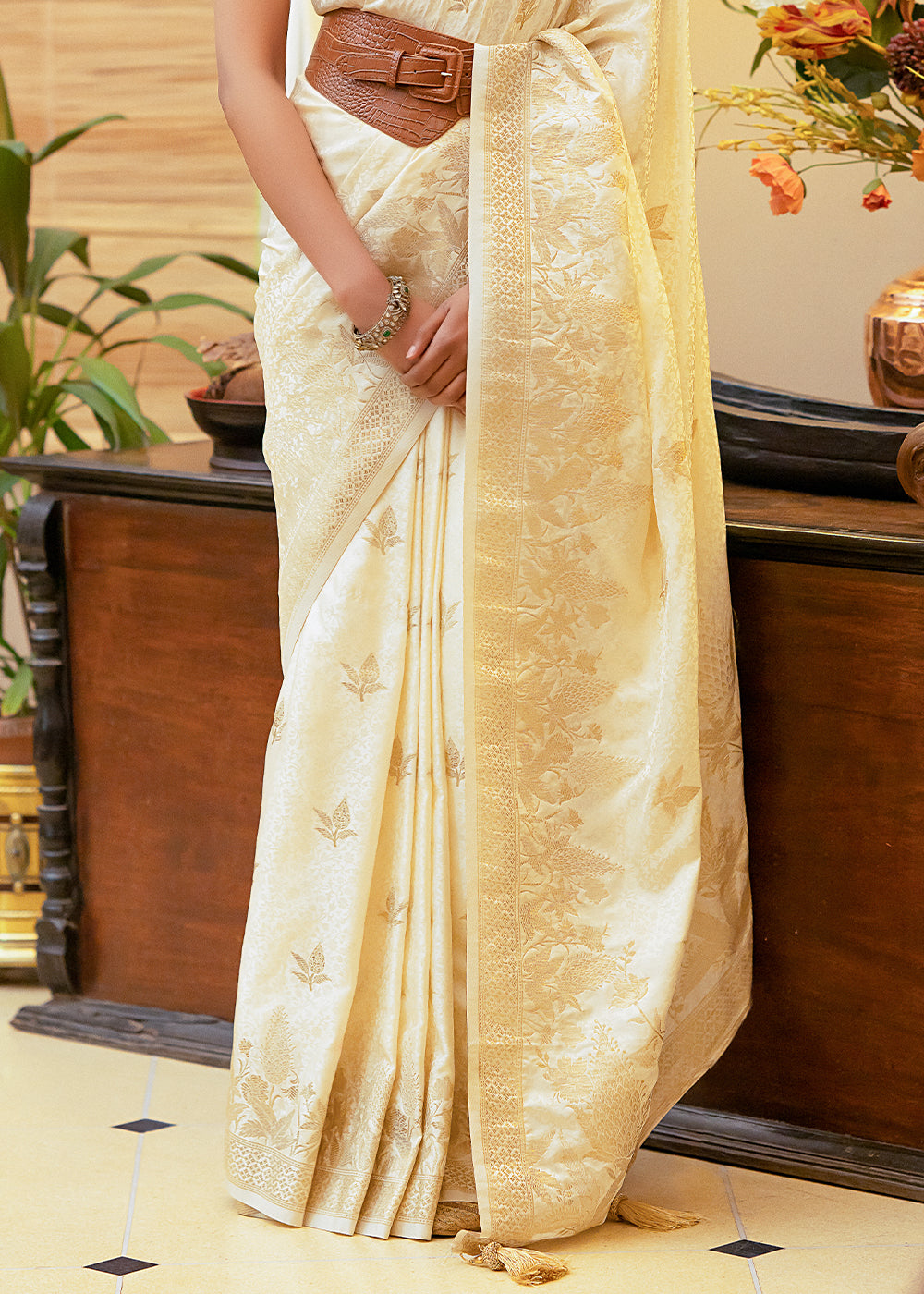 Chilean Heath Cream Woven Satin Silk Saree