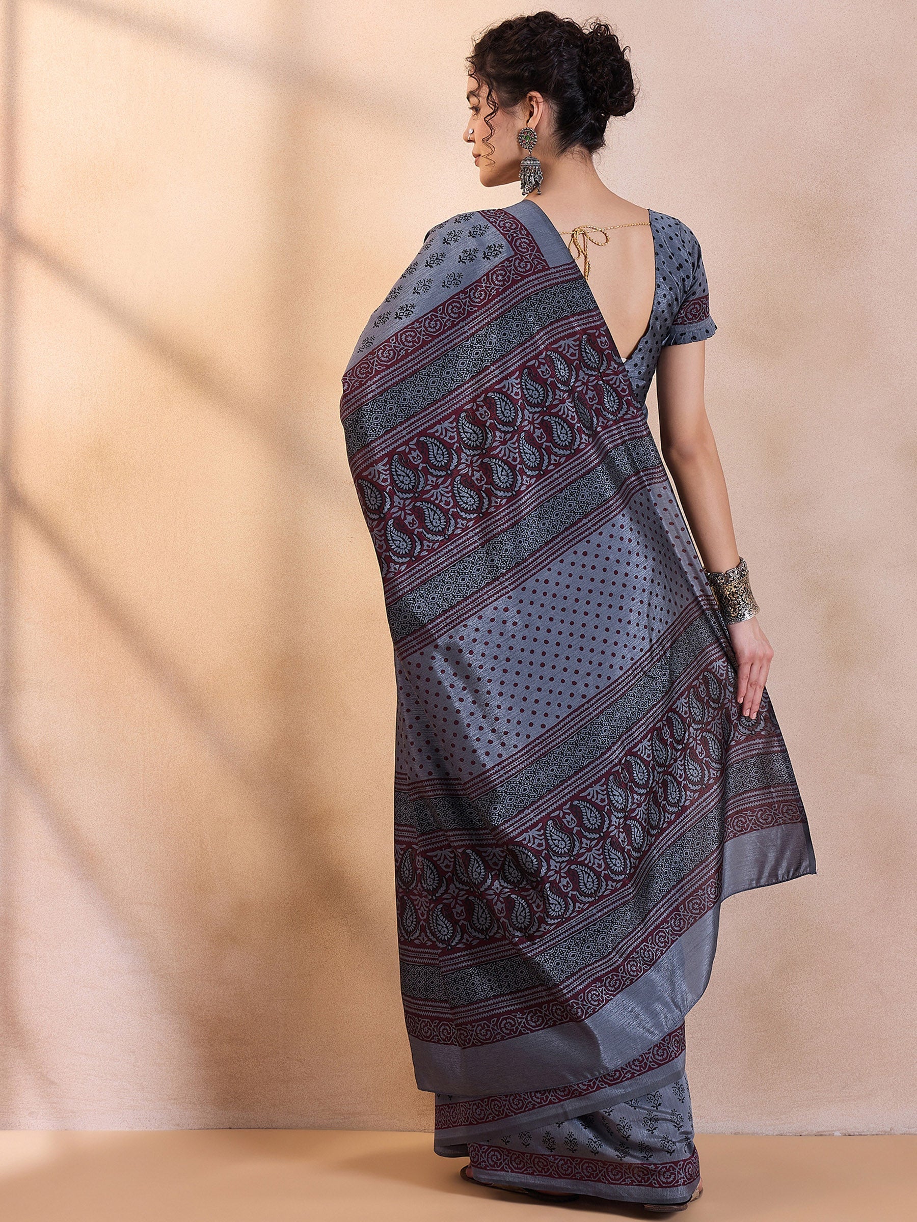 Ship Grey Printed Dola Silk Saree