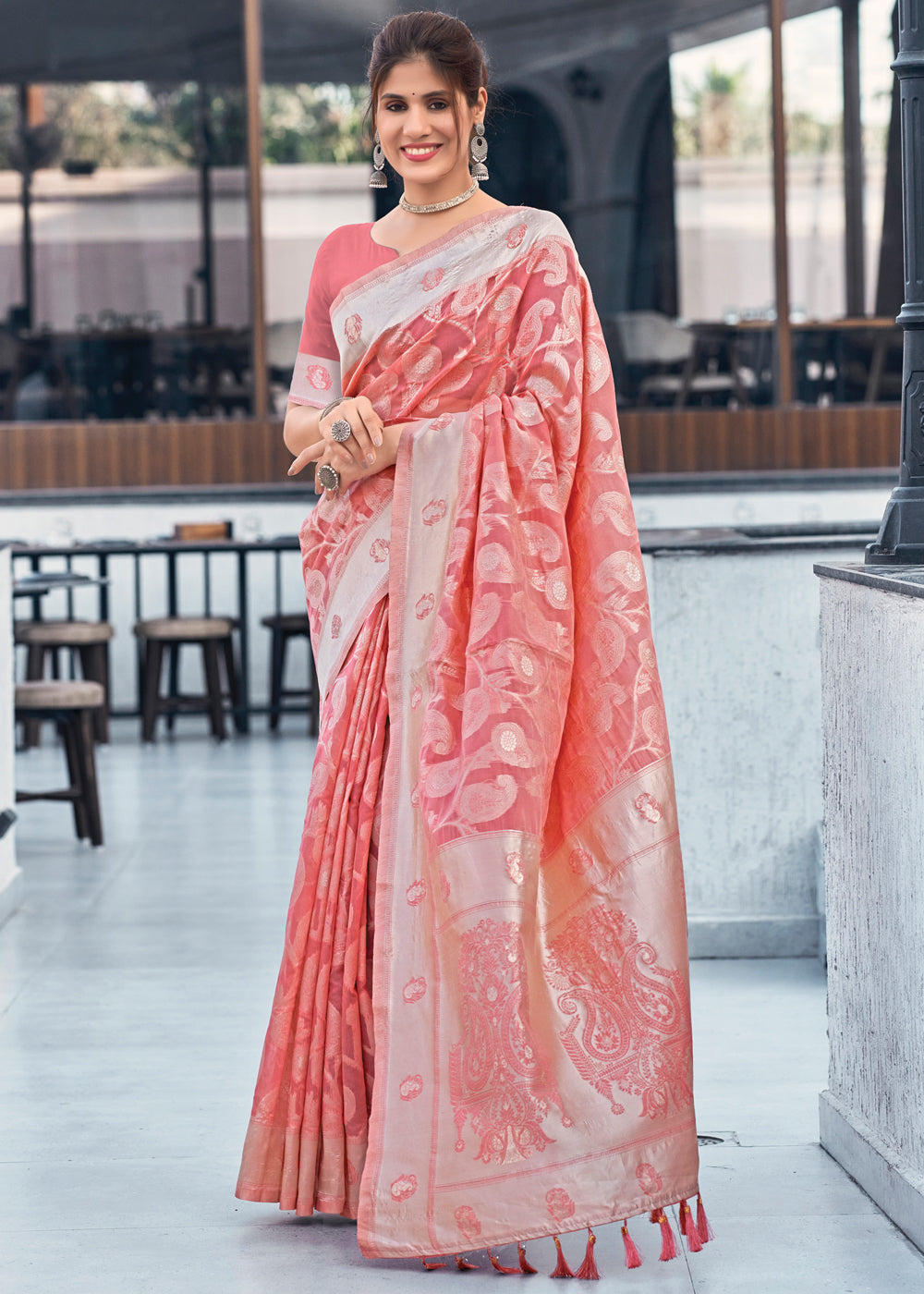 Pink Rose Lucknowi Linen Cotton Saree