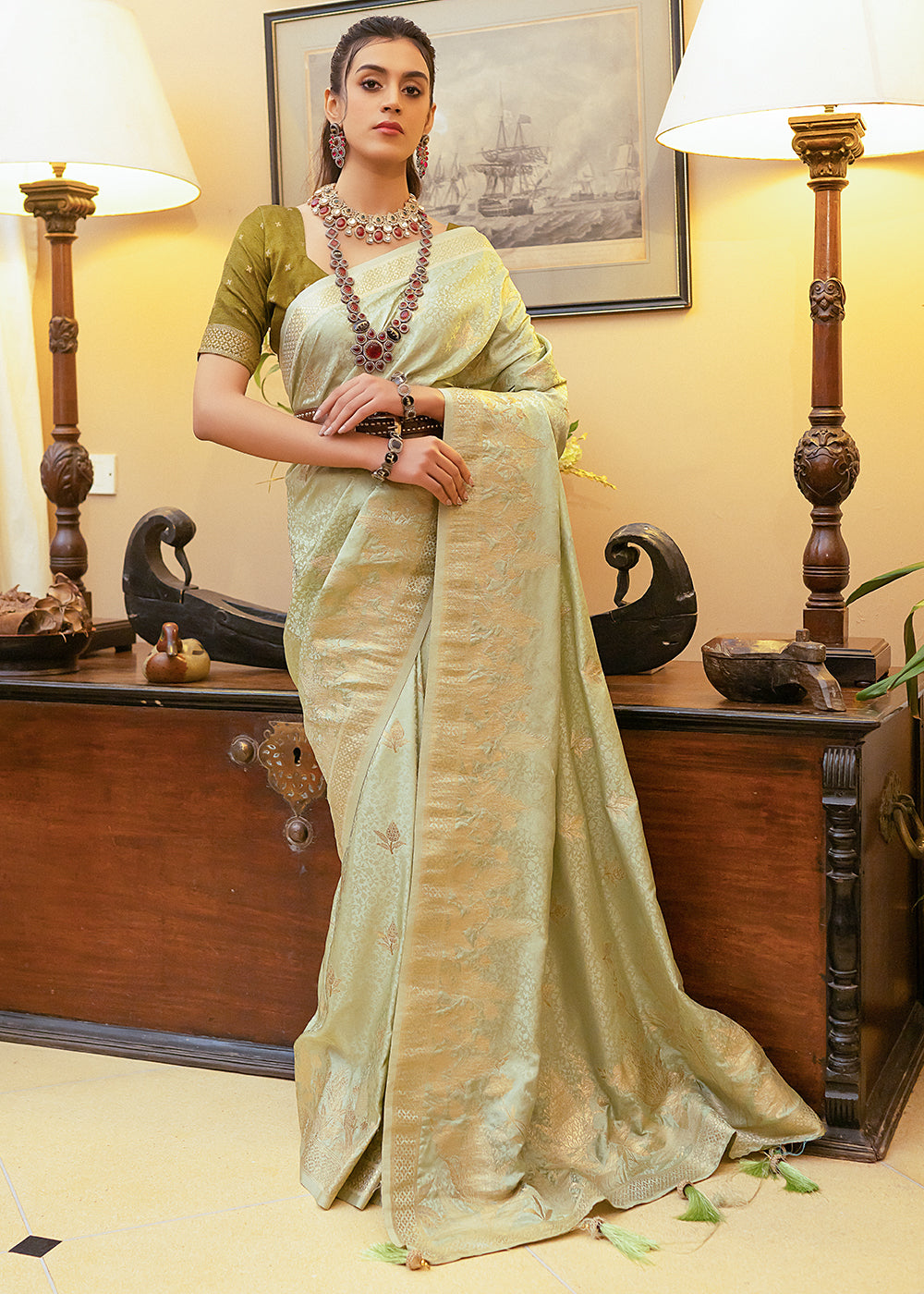 Winter Hazel Green Woven Satin Silk Saree