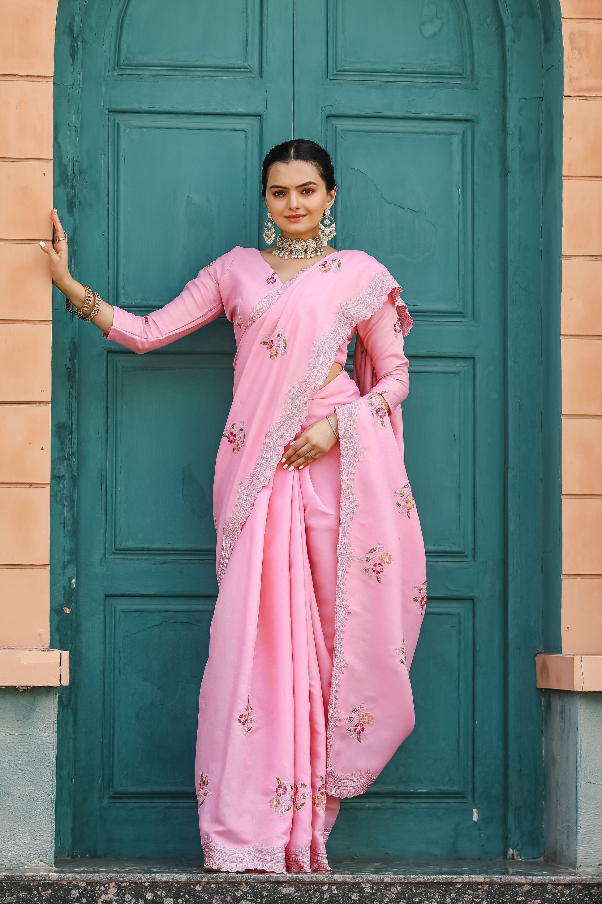 Lotus Pink Embroidery Tussar Cotton Saree