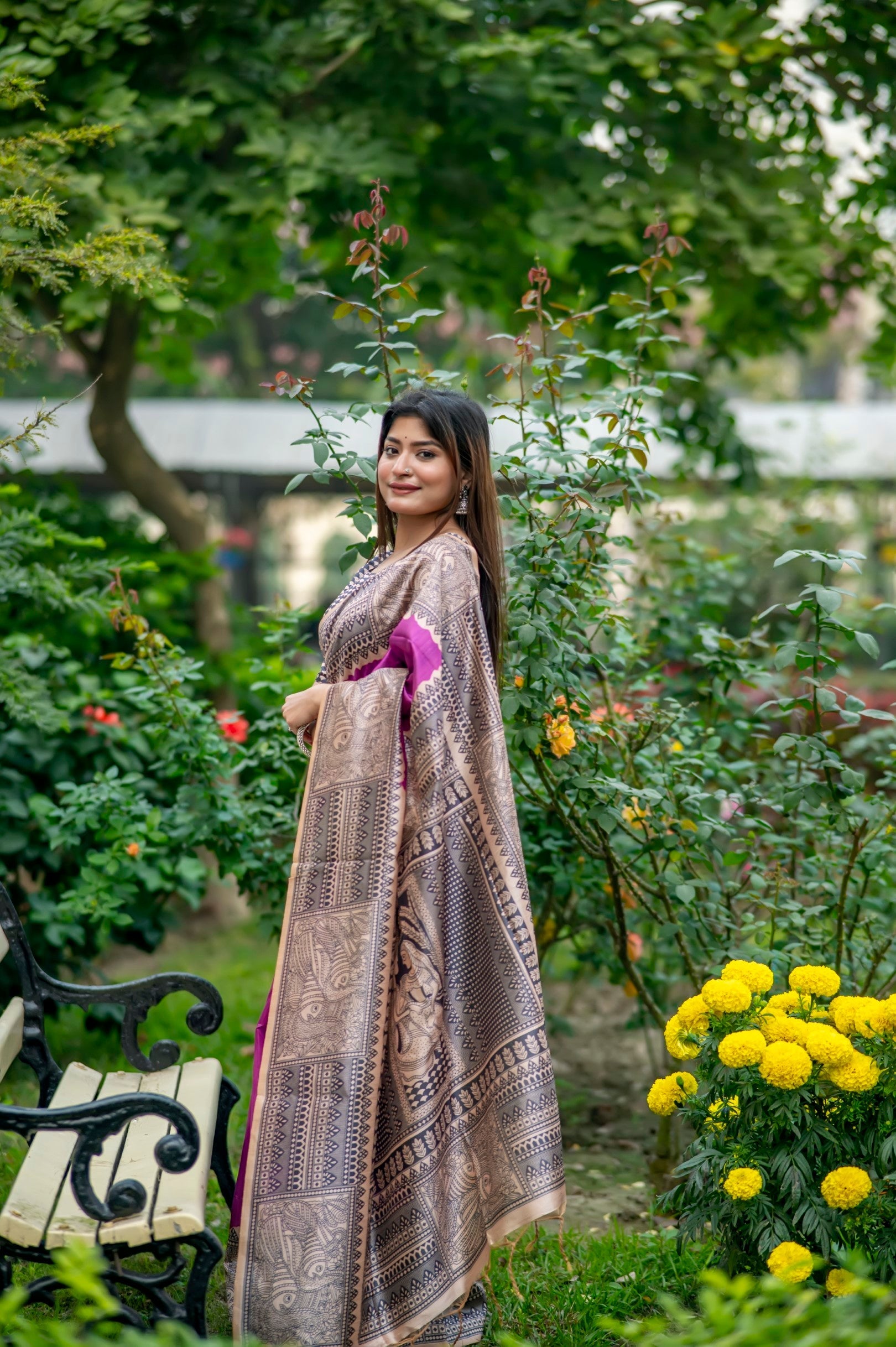 Plum Purple Madhubani Printed Silk Saree