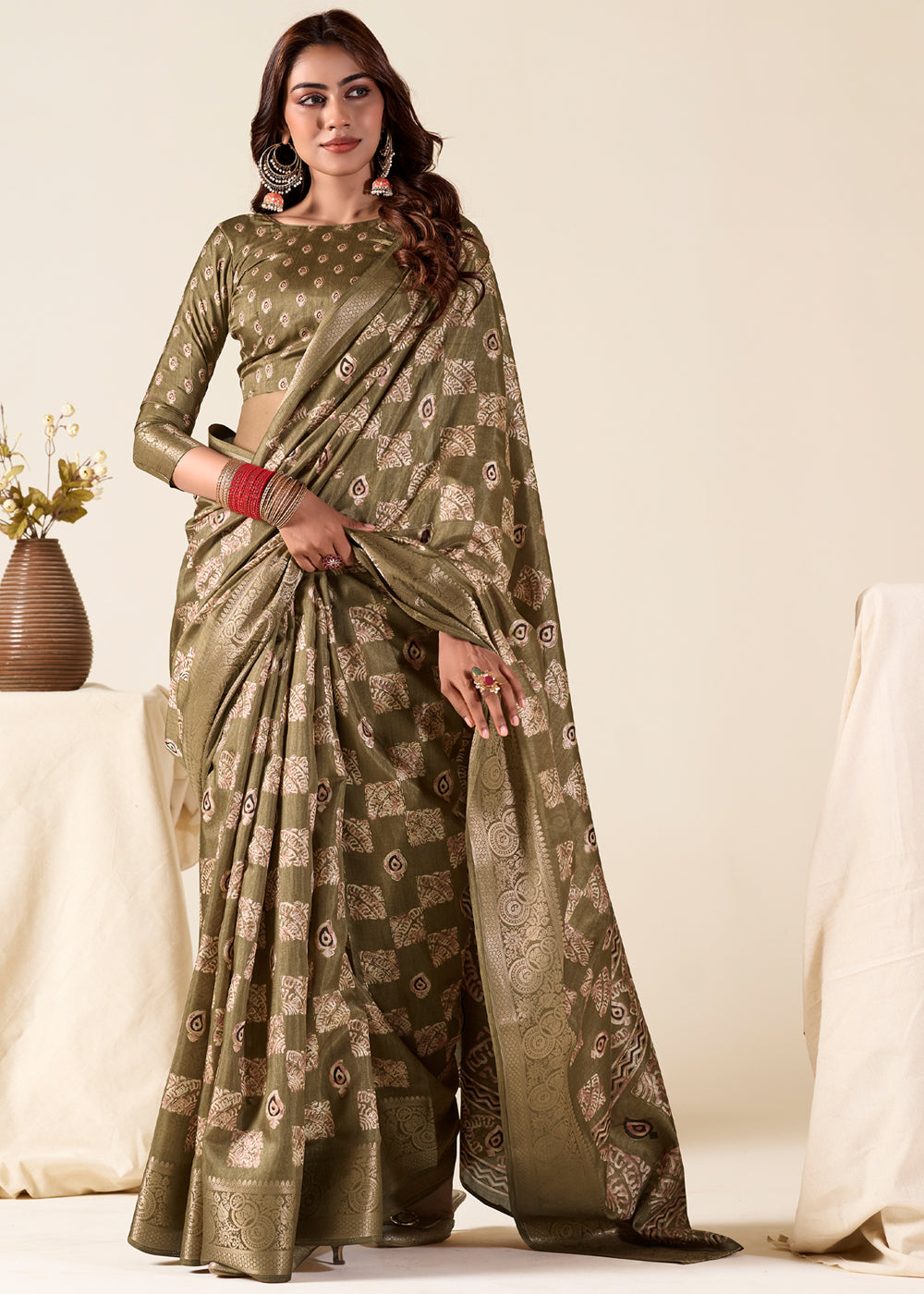 Leather Green Banarasi Printed Soft Silk Saree