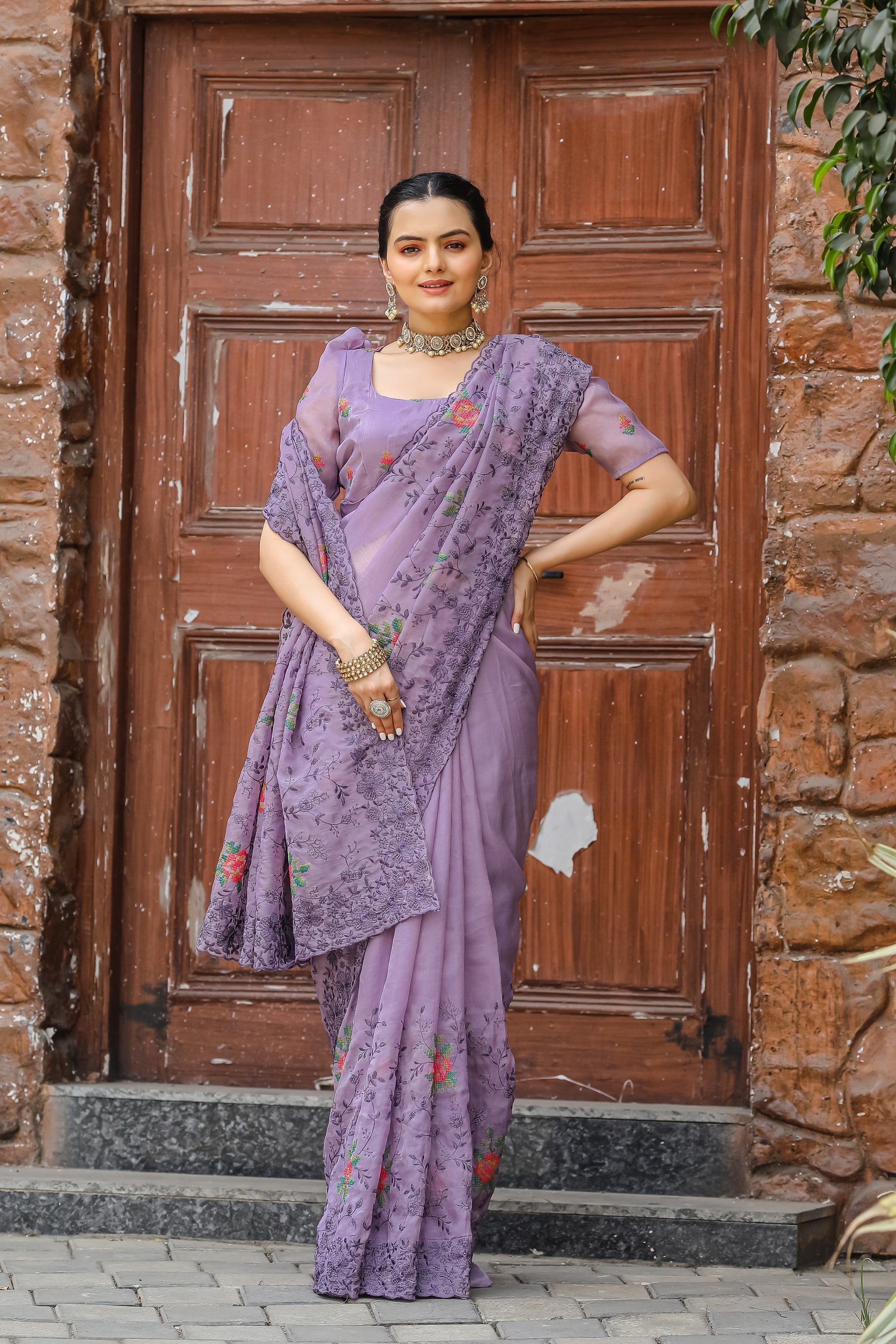 Glossy Grape Purple Embroidered Chiffon Silk Saree