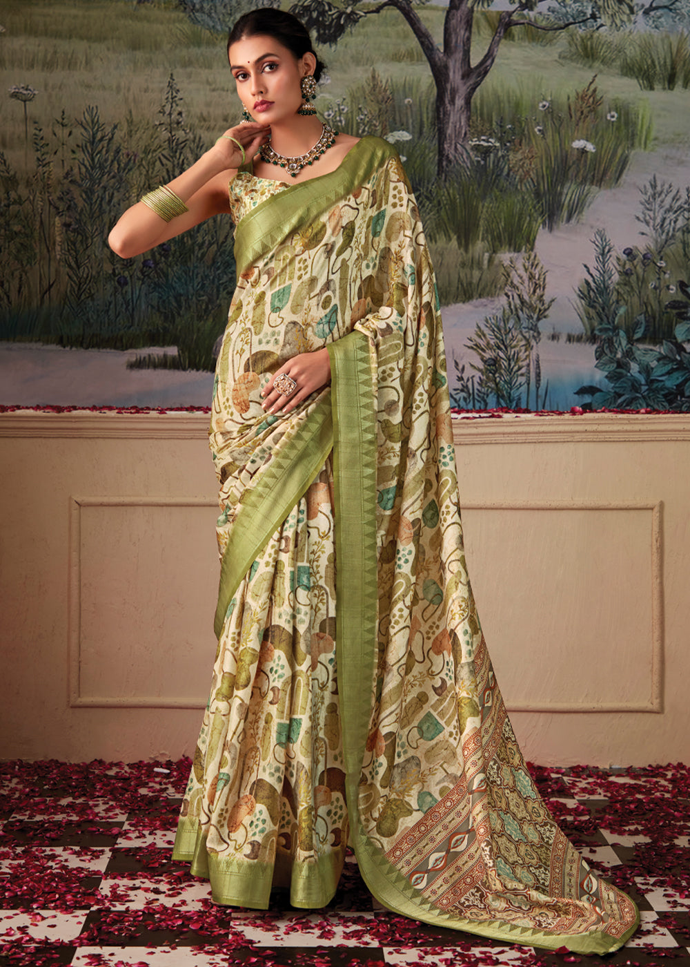 Pale Oyster Green Woven Banarasi Tussar Silk Saree