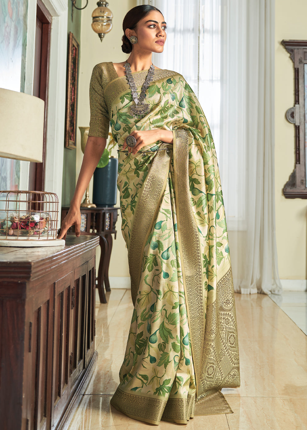 Spring Green Woven Banarasi Satin Silk Saree