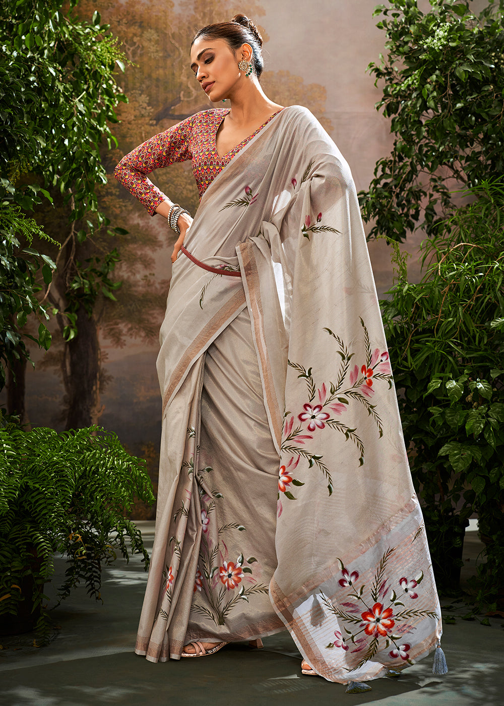 Lead Grey Painted Linen Silk Saree