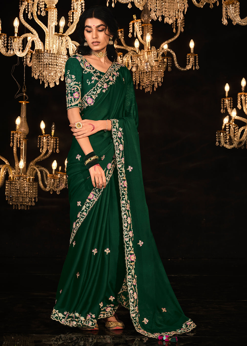 Bush Green Embroidered Designer Satin Silk Saree