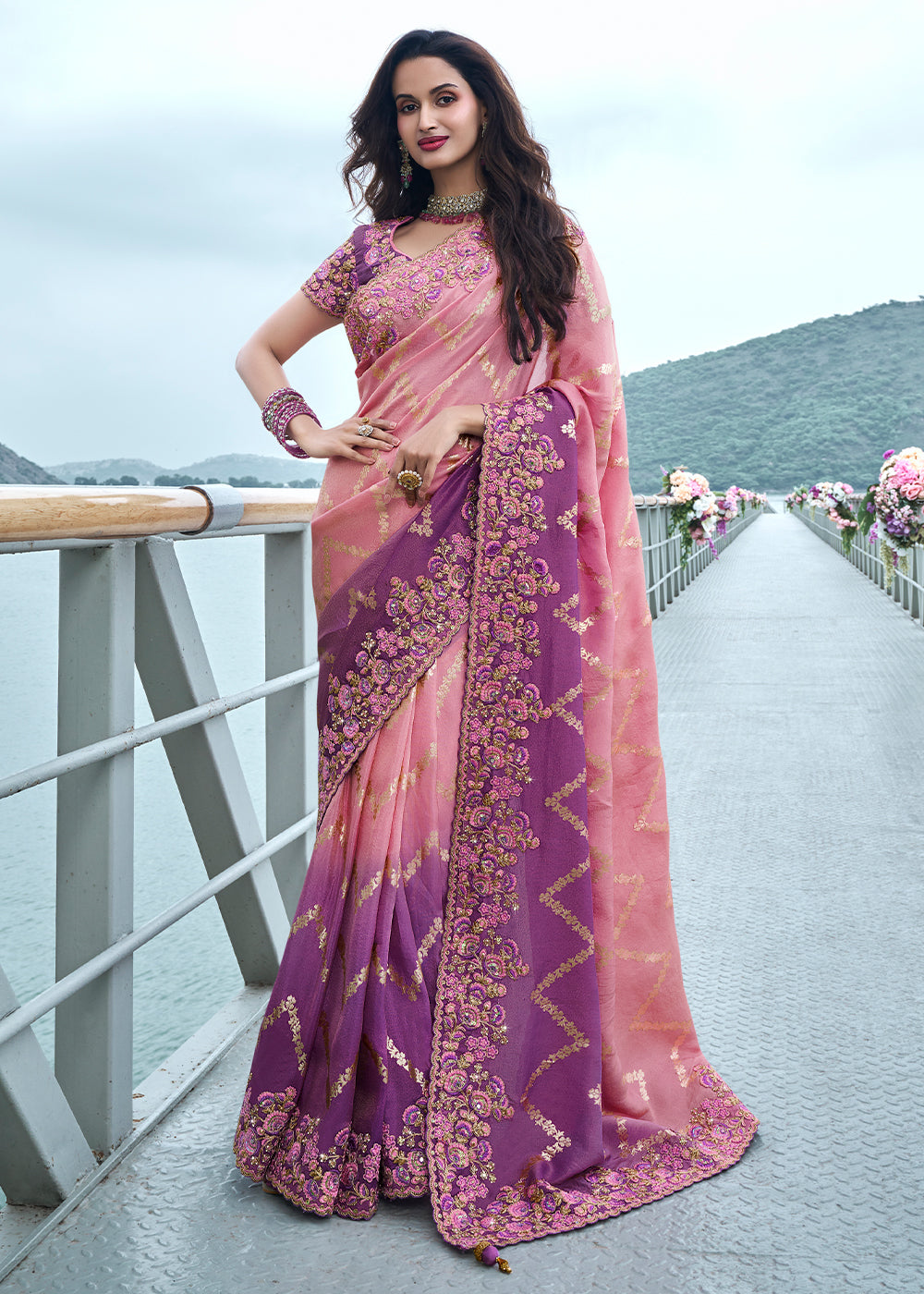 Ballet Slipper Pink and Purple Embroidered Designer Silk Saree