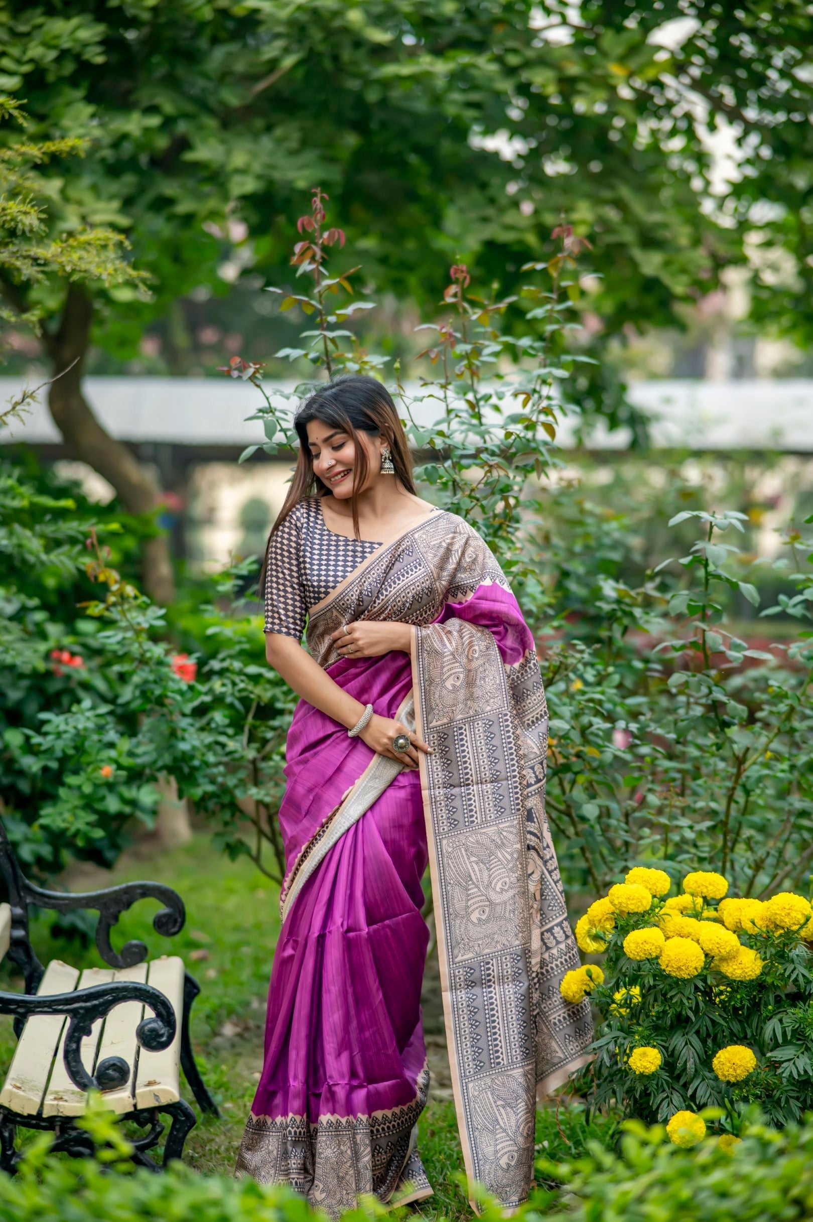 Plum Purple Madhubani Printed Silk Saree