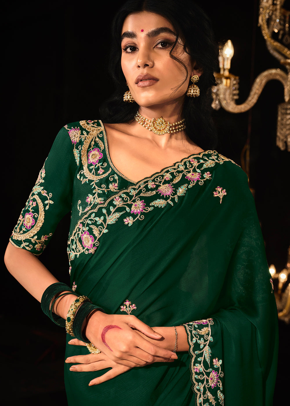 Bush Green Embroidered Designer Satin Silk Saree