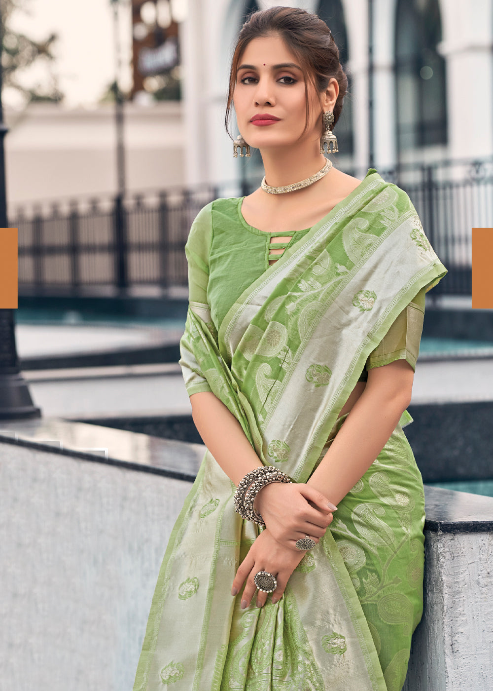 Chenni Green Lucknowi Linen Cotton Saree