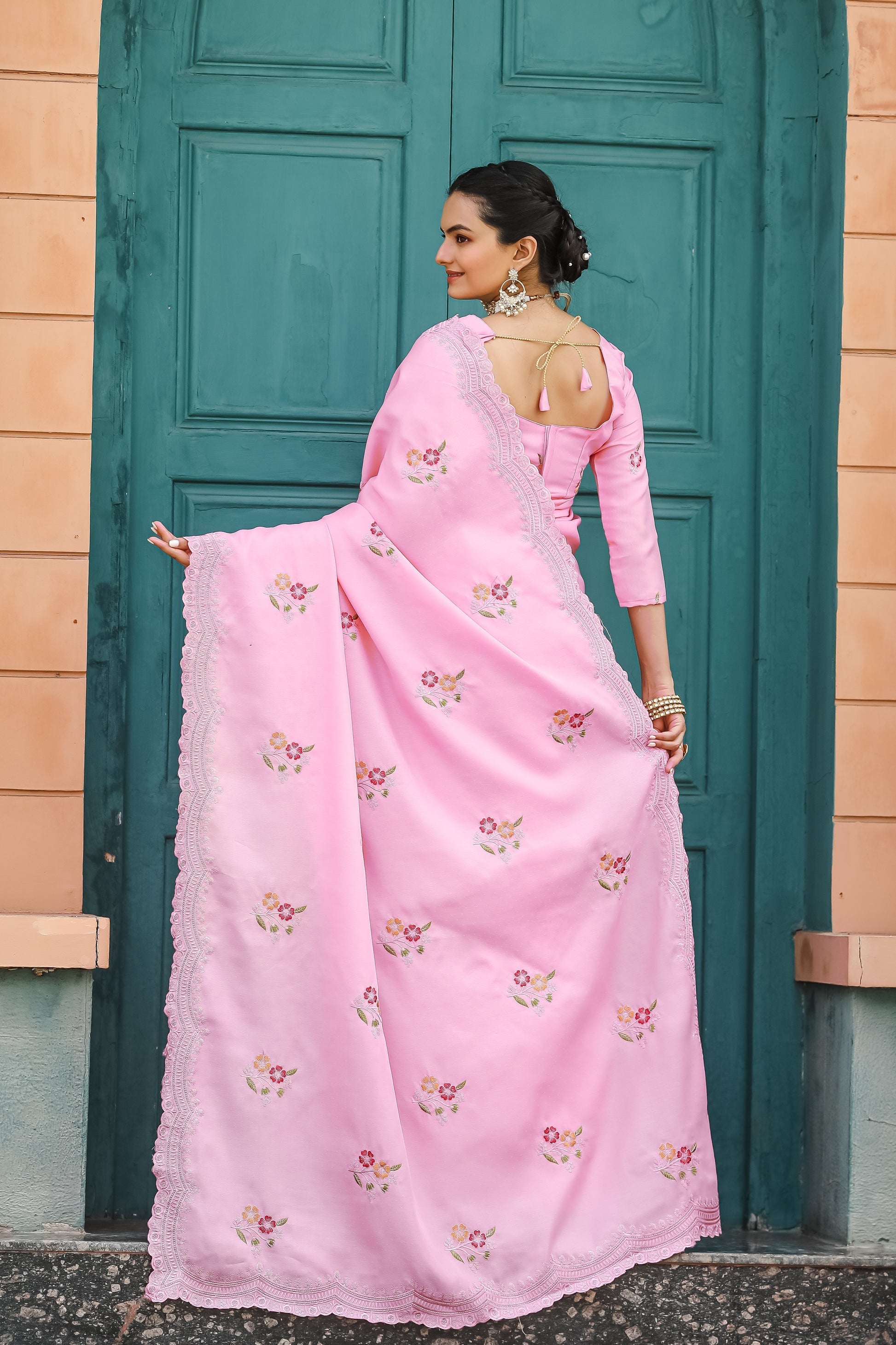 Lotus Pink Embroidery Tussar Cotton Saree