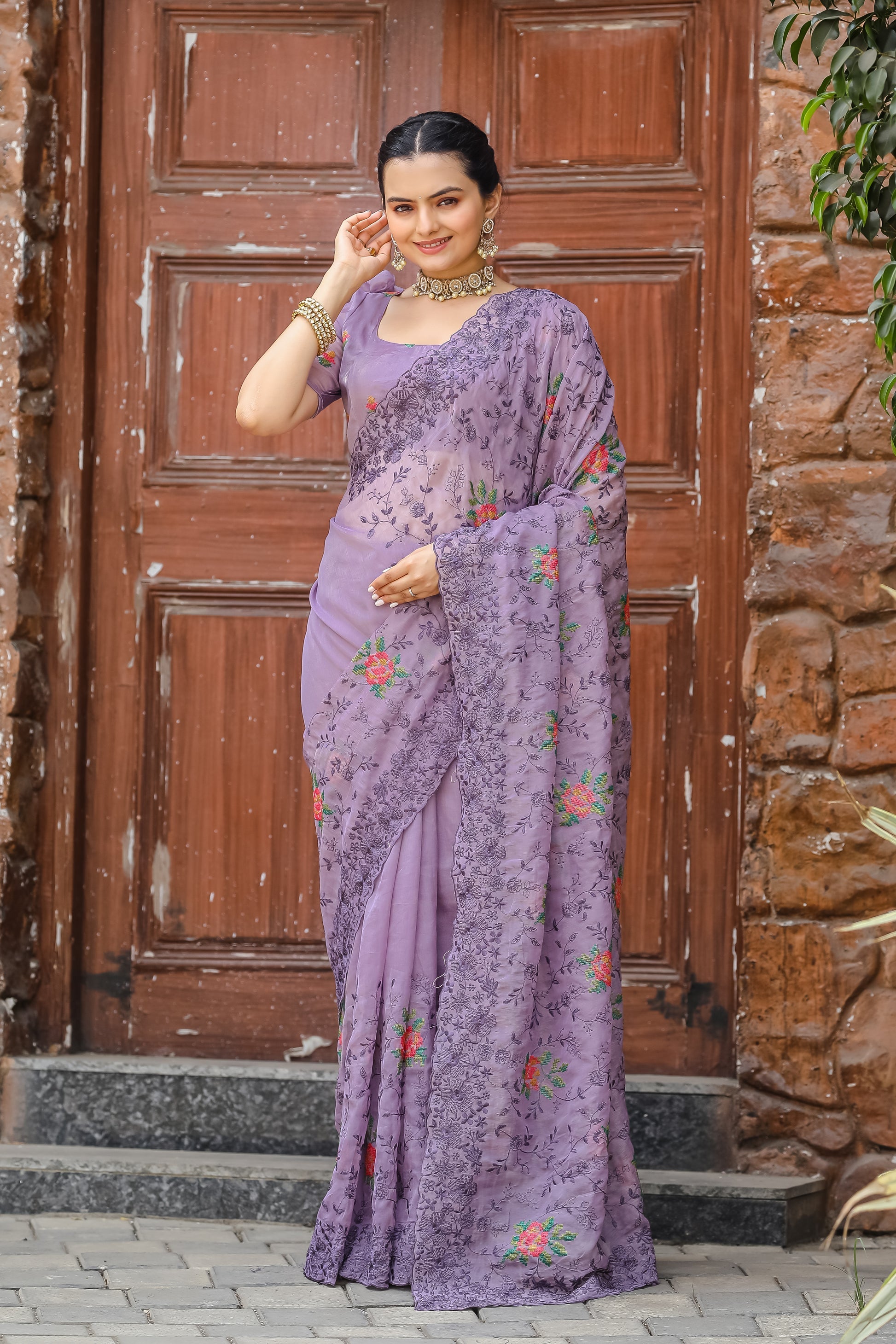 Glossy Grape Purple Embroidered Chiffon Silk Saree