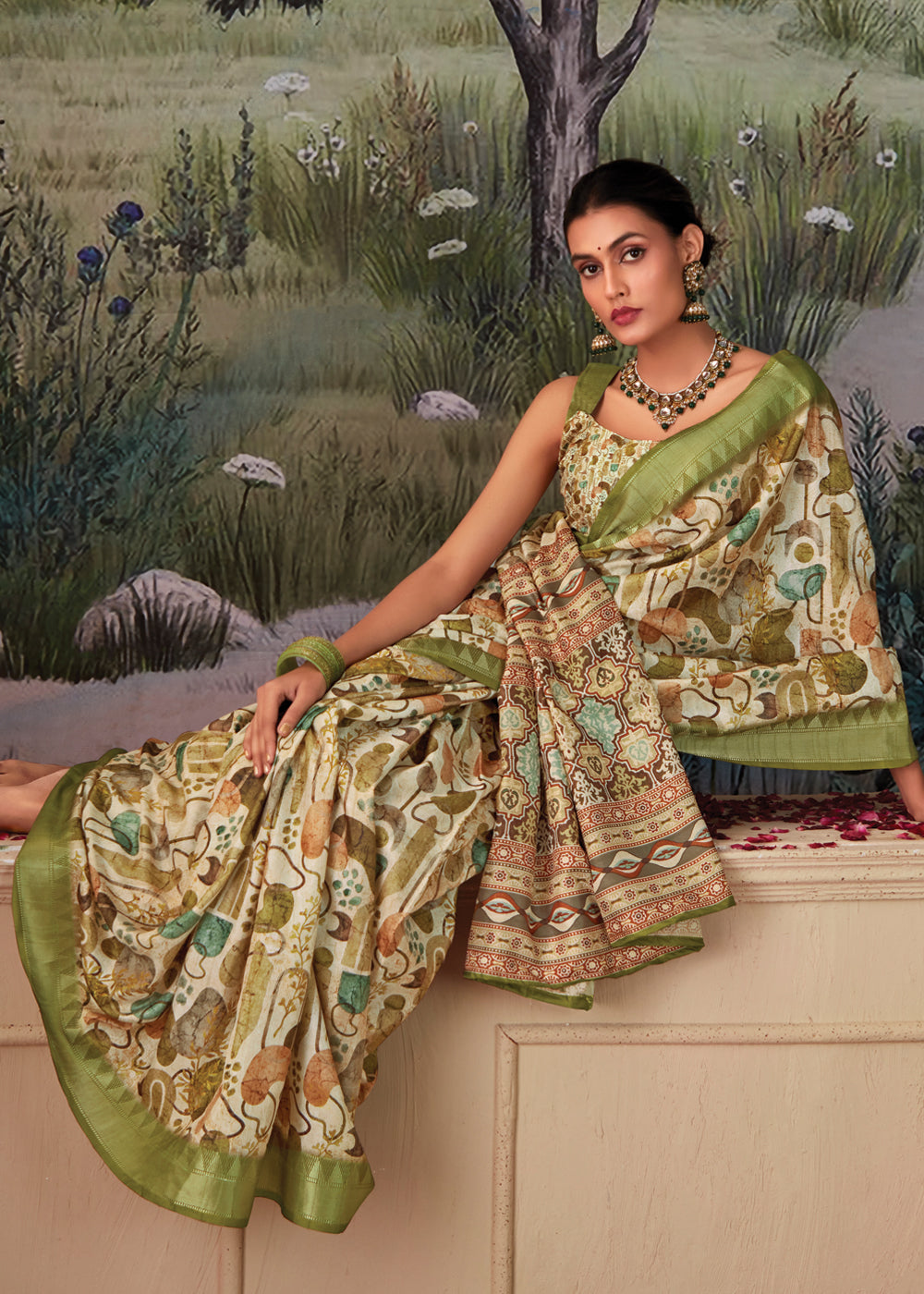 Pale Oyster Green Woven Banarasi Tussar Silk Saree