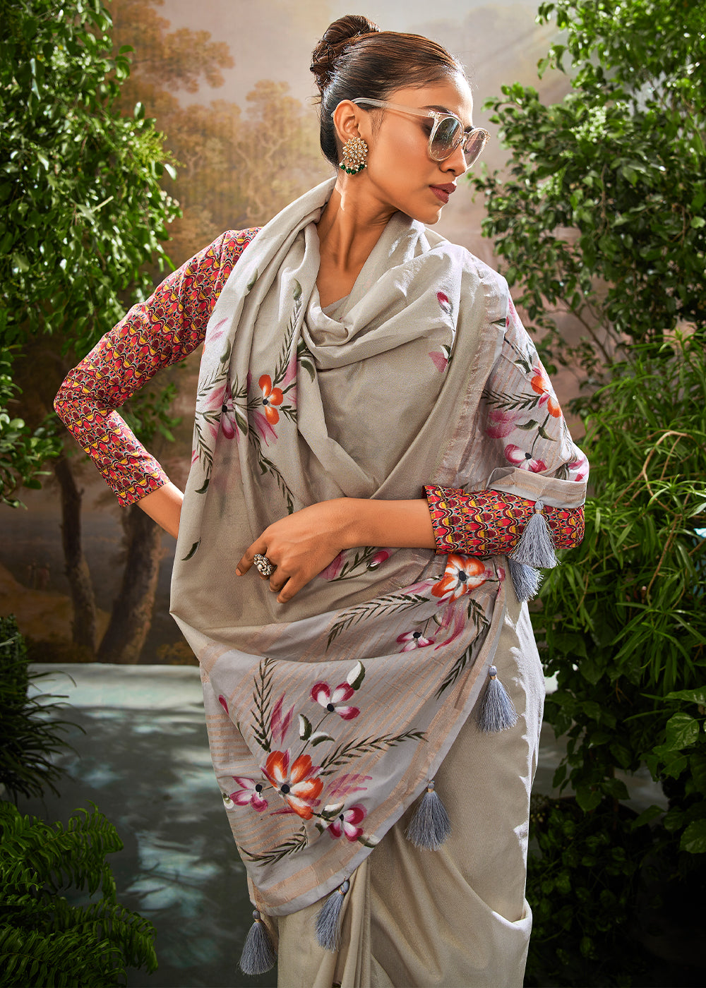 Lead Grey Painted Linen Silk Saree