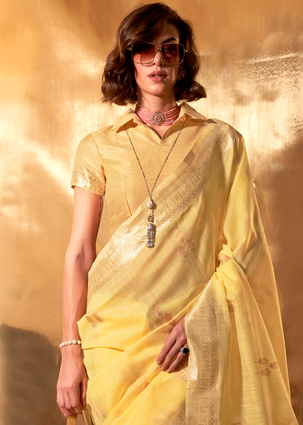 Rob Roy Yellow Handloom Linen Cotton Saree