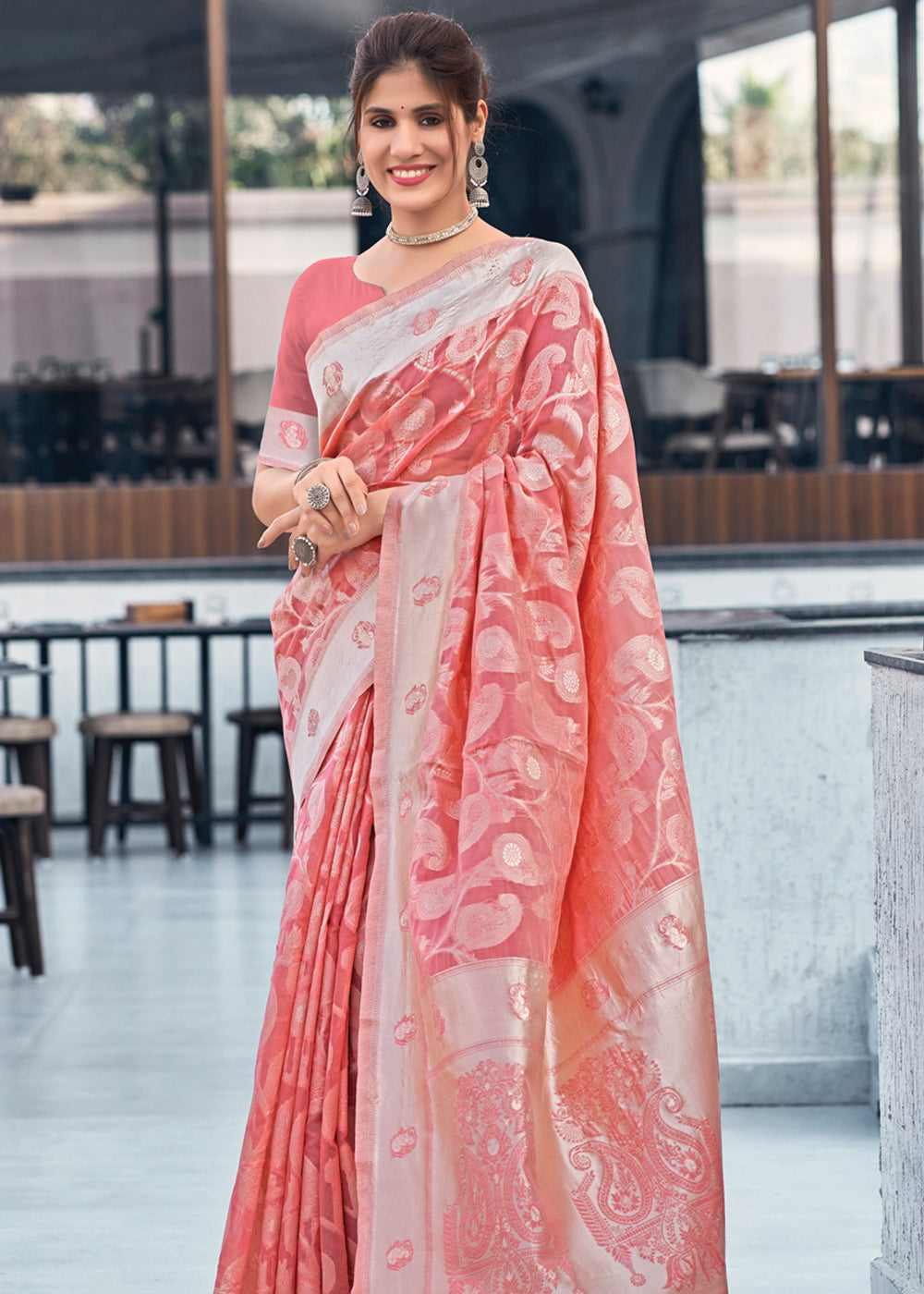 Pink Rose Lucknowi Linen Cotton Saree