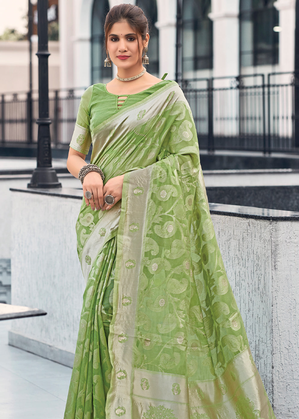 Chenni Green Lucknowi Linen Cotton Saree