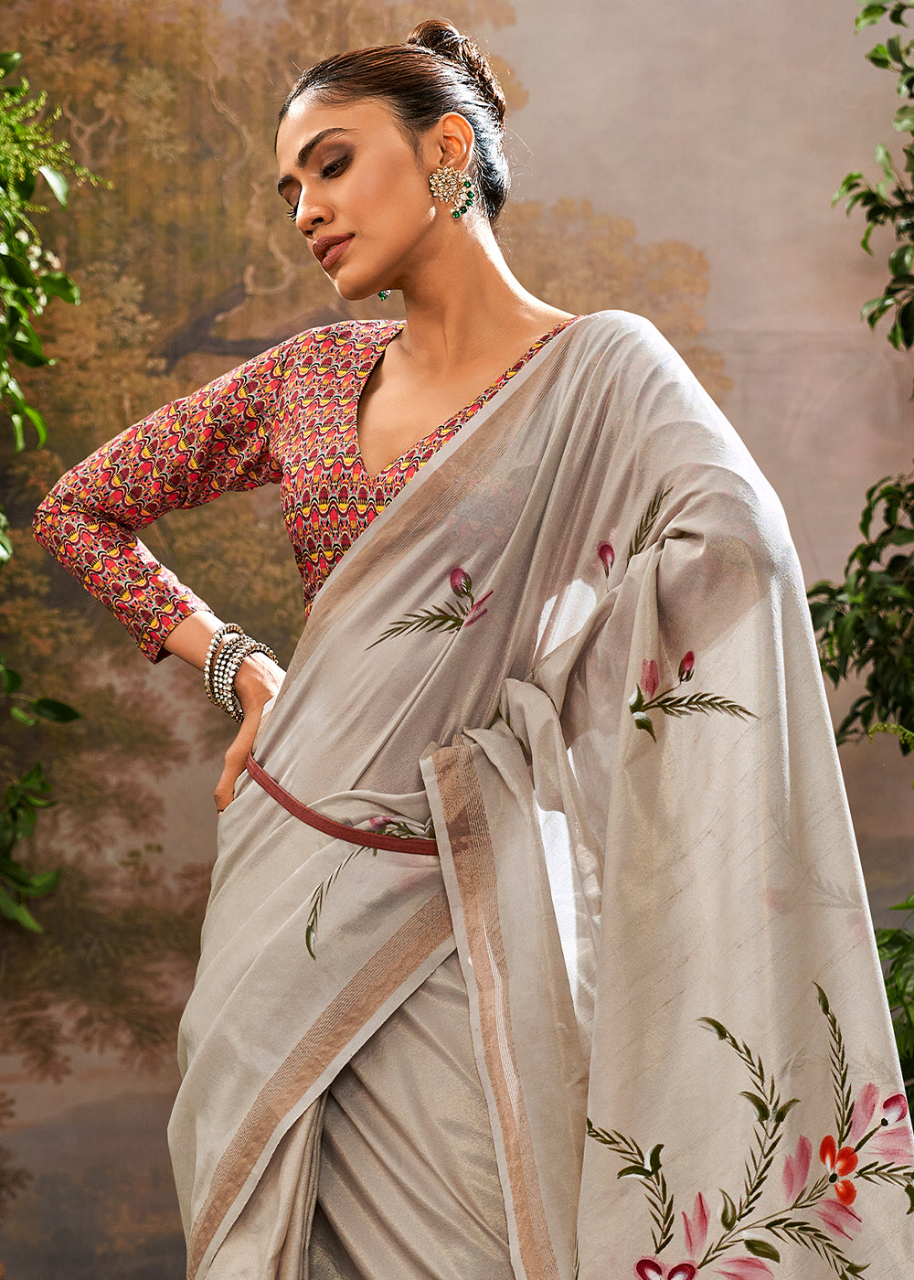 Lead Grey Painted Linen Silk Saree