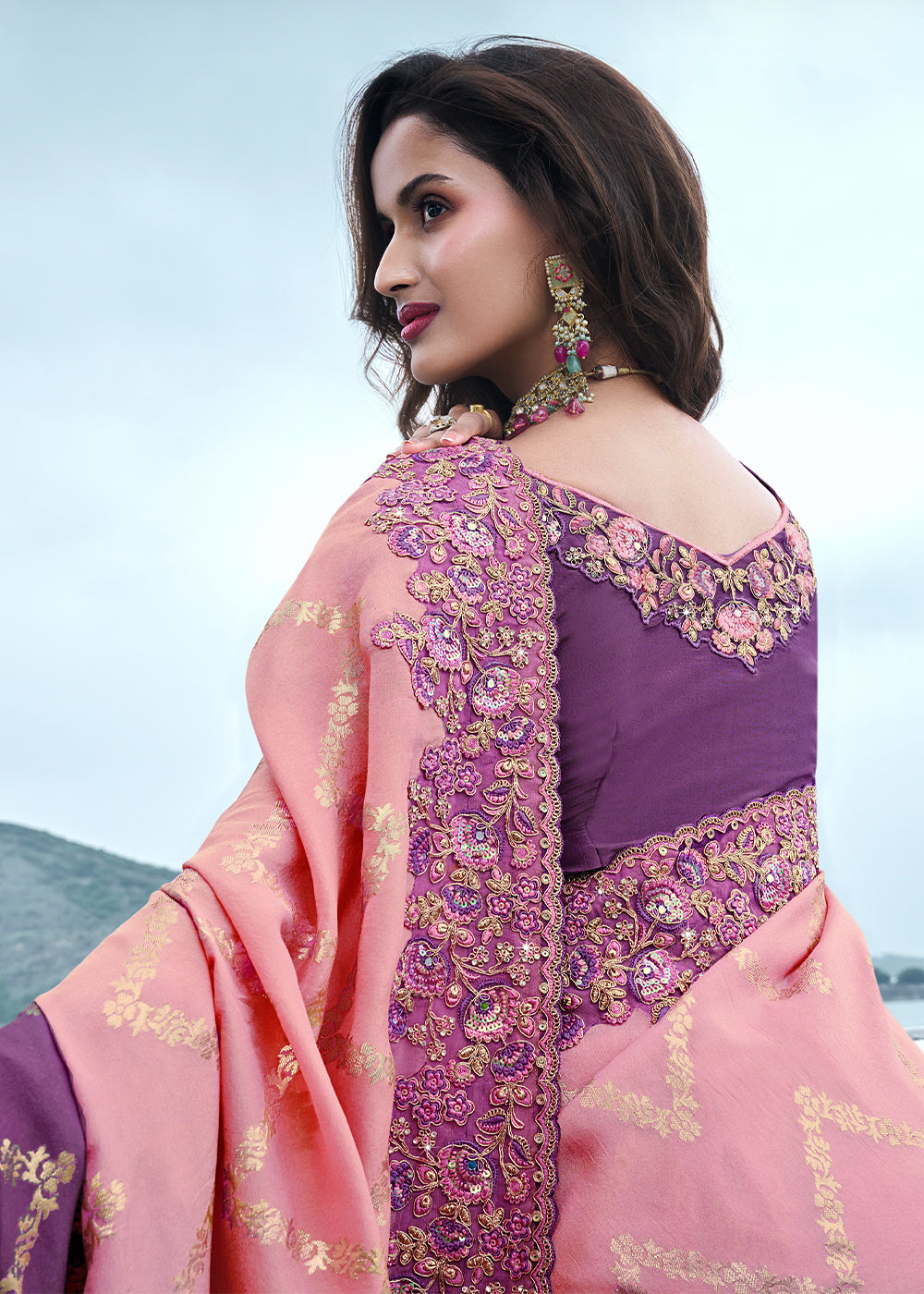 Ballet Slipper Pink and Purple Embroidered Designer Silk Saree