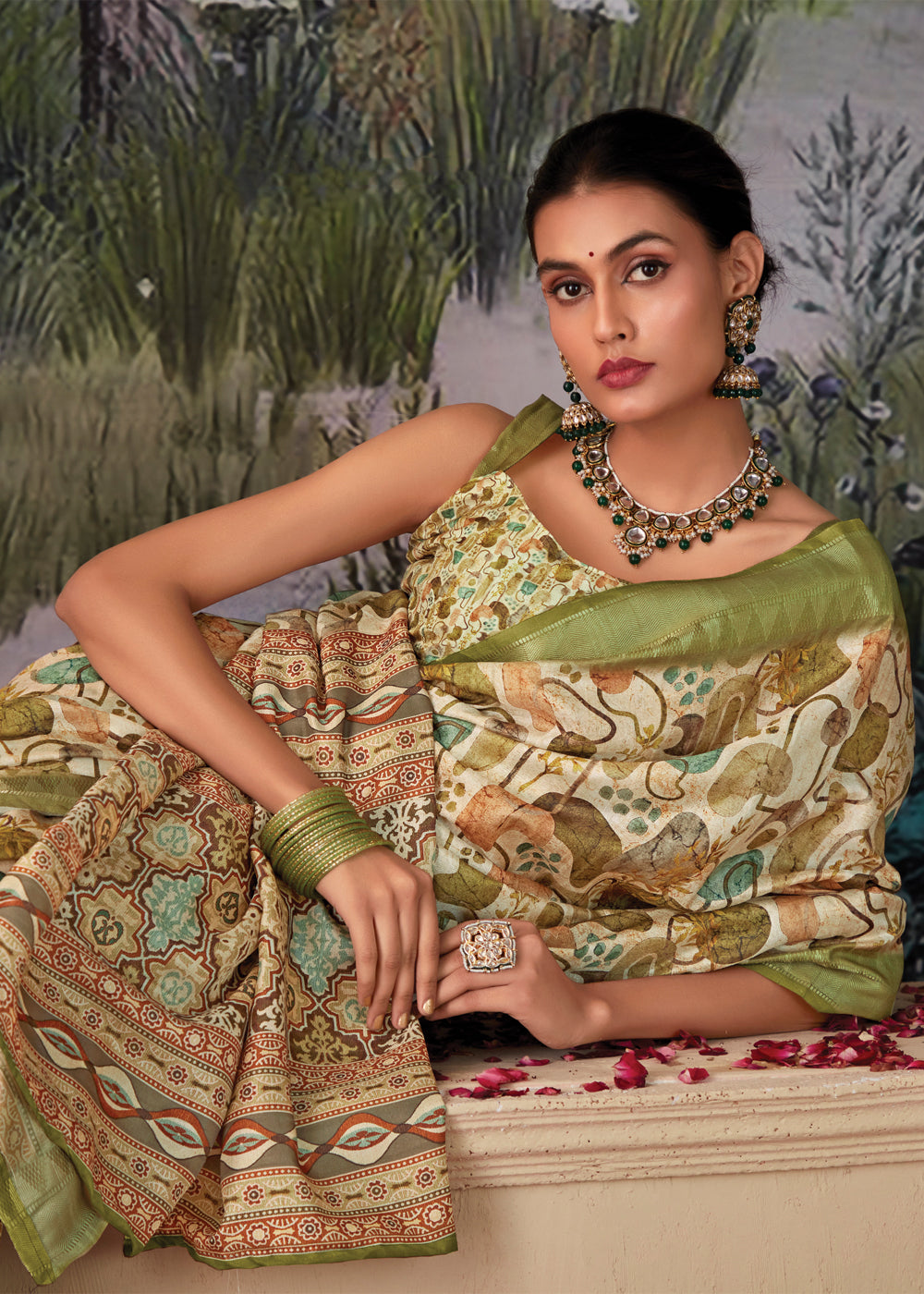 Pale Oyster Green Woven Banarasi Tussar Silk Saree