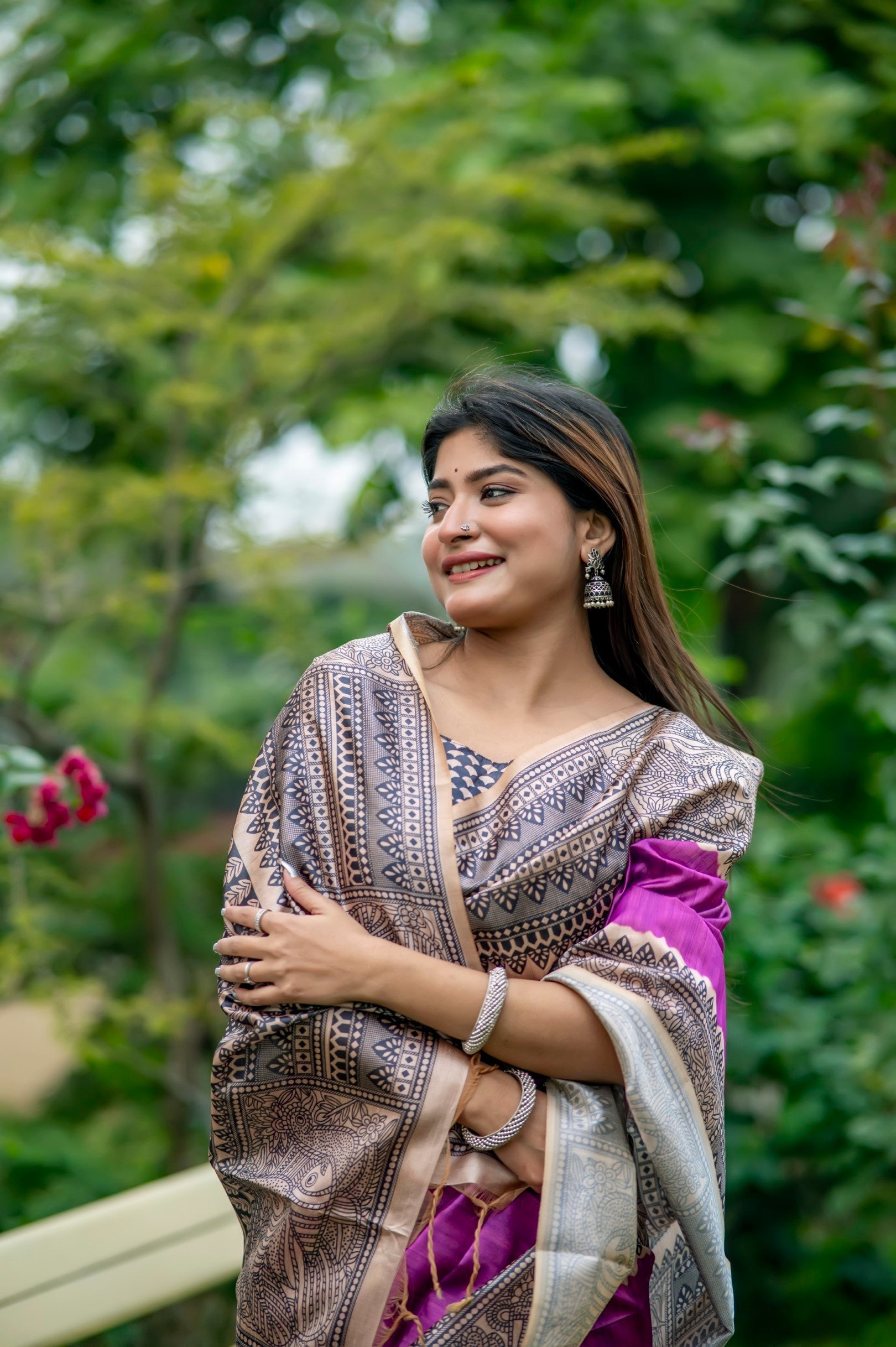 Plum Purple Madhubani Printed Silk Saree