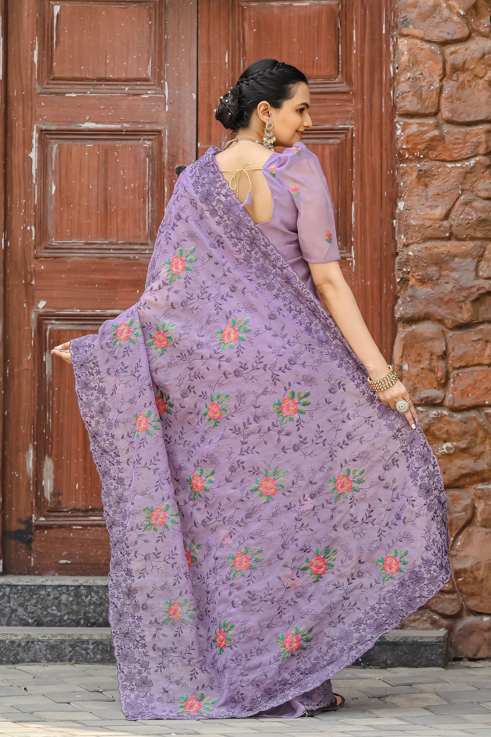 Glossy Grape Purple Embroidered Chiffon Silk Saree