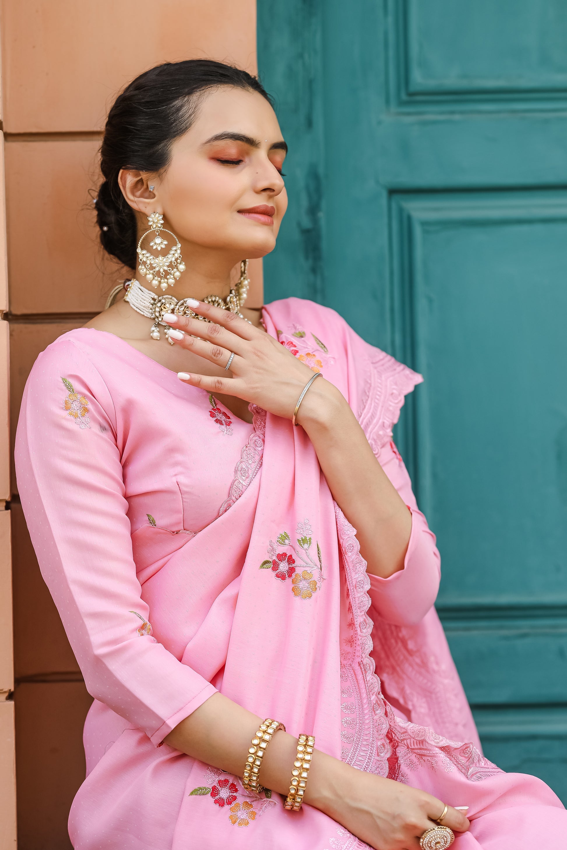 Lotus Pink Embroidery Tussar Cotton Saree