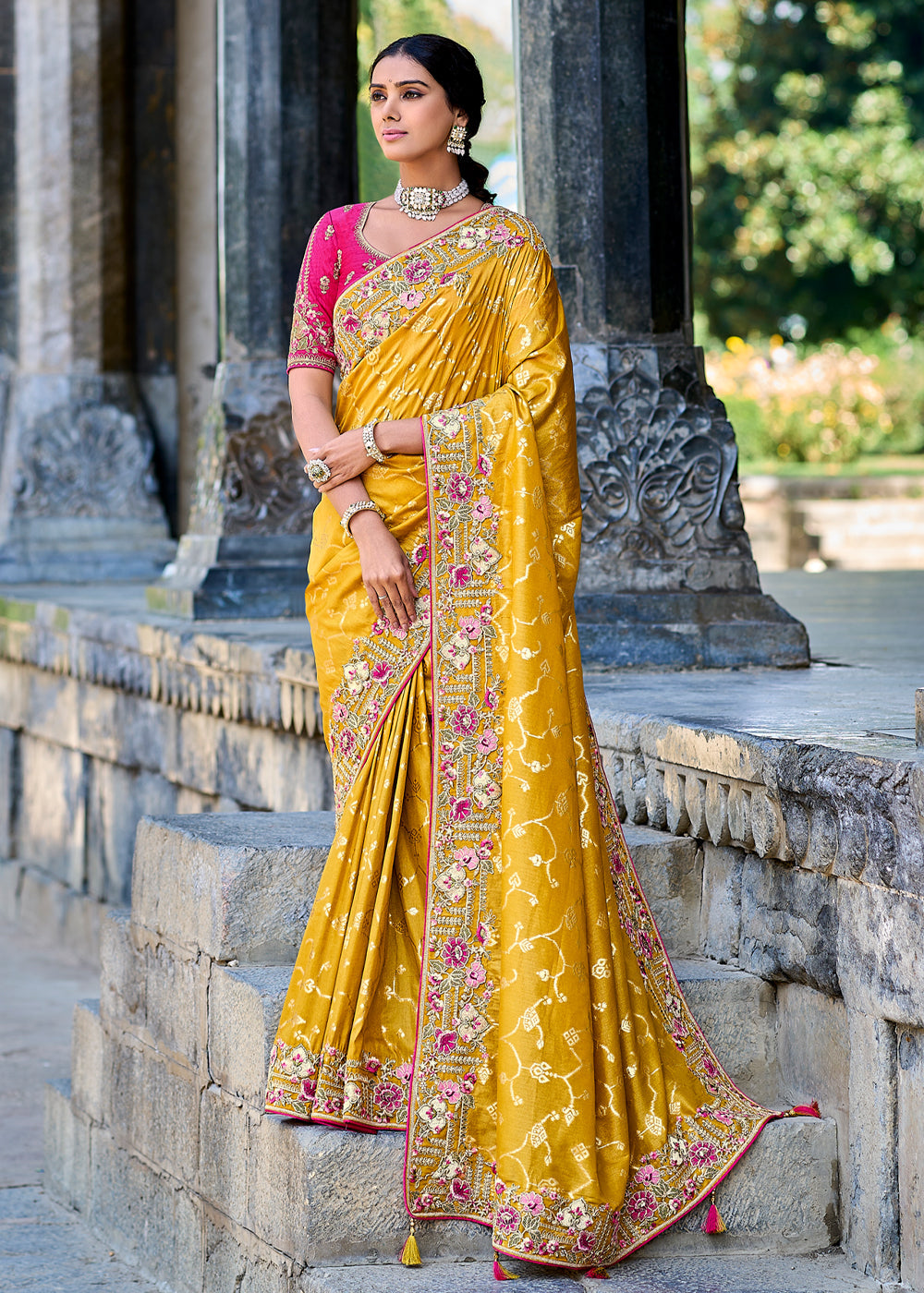 Amber Yellow Woven Designer Banarasi Embroidered Silk Saree