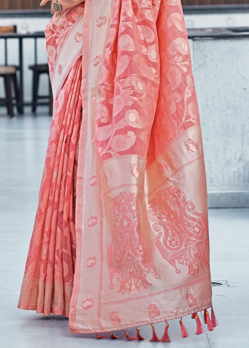 Pink Rose Lucknowi Linen Cotton Saree