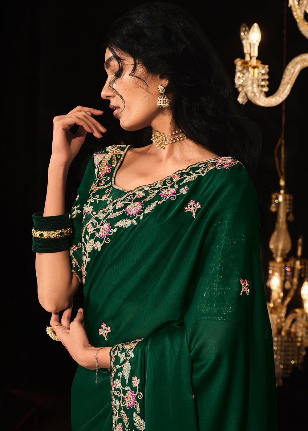 Bush Green Embroidered Designer Satin Silk Saree