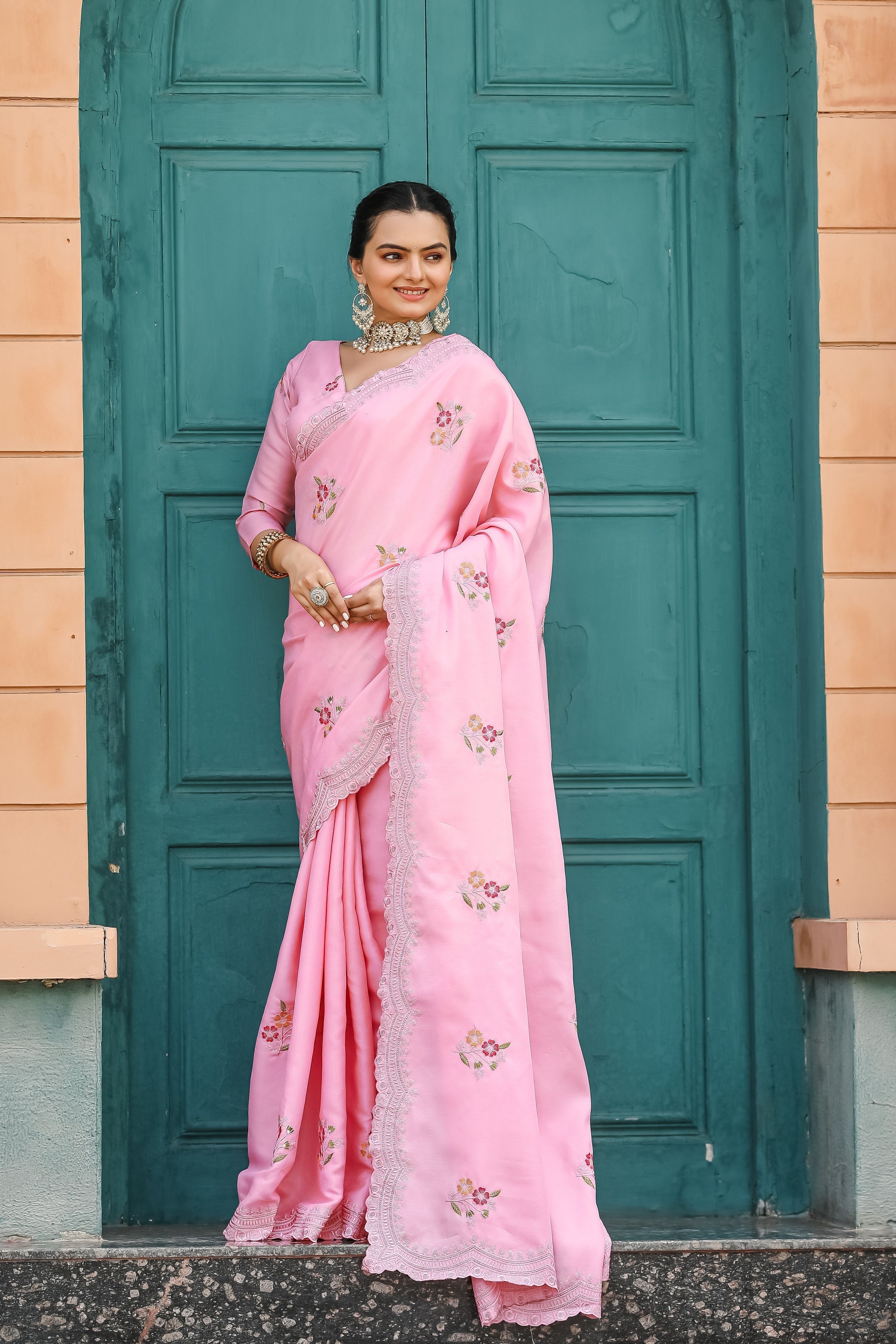 Lotus Pink Embroidery Tussar Cotton Saree