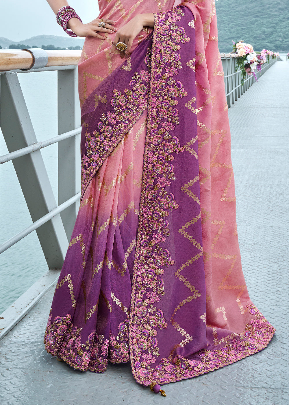 Ballet Slipper Pink and Purple Embroidered Designer Silk Saree