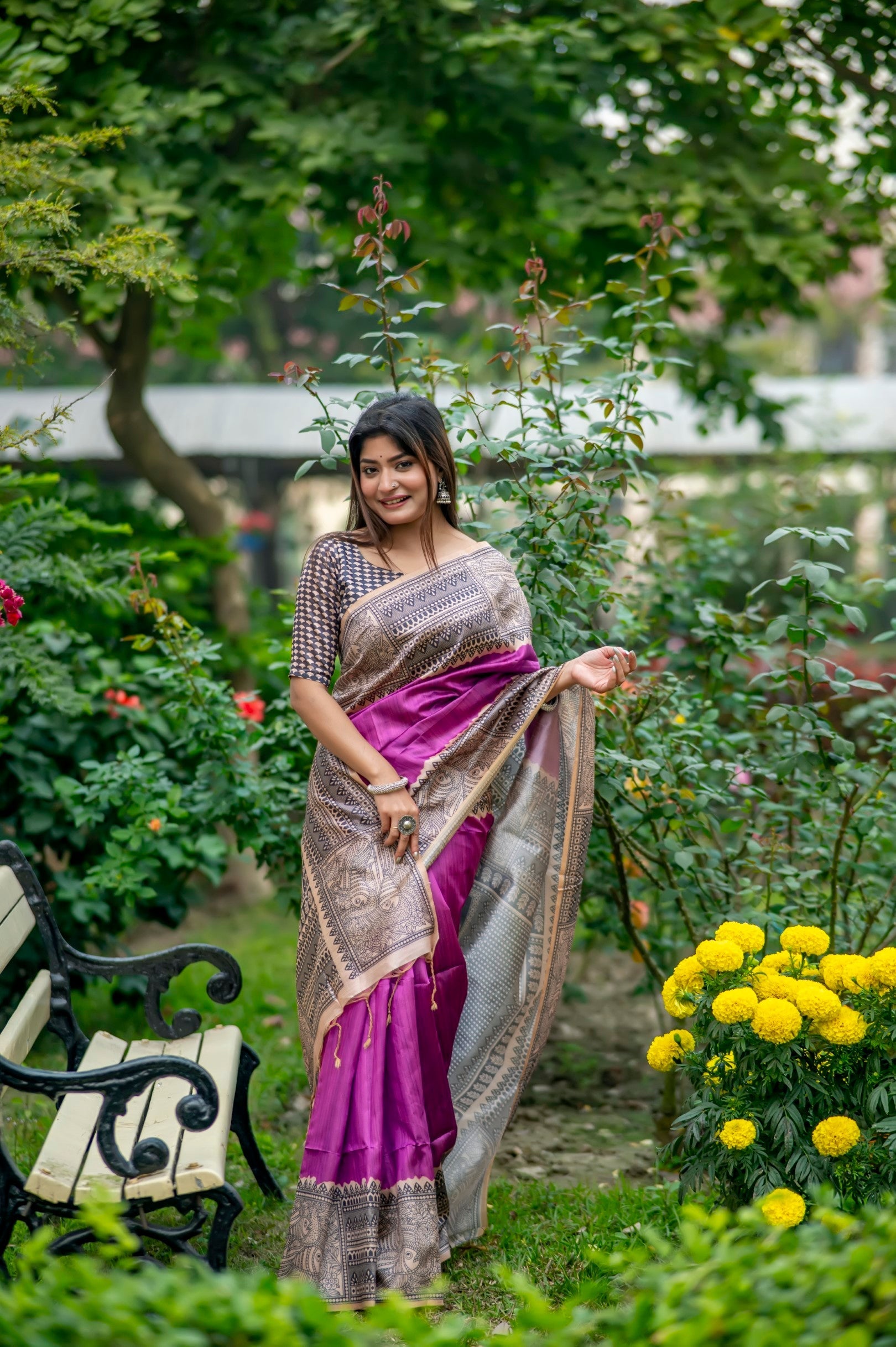 Plum Purple Madhubani Printed Silk Saree