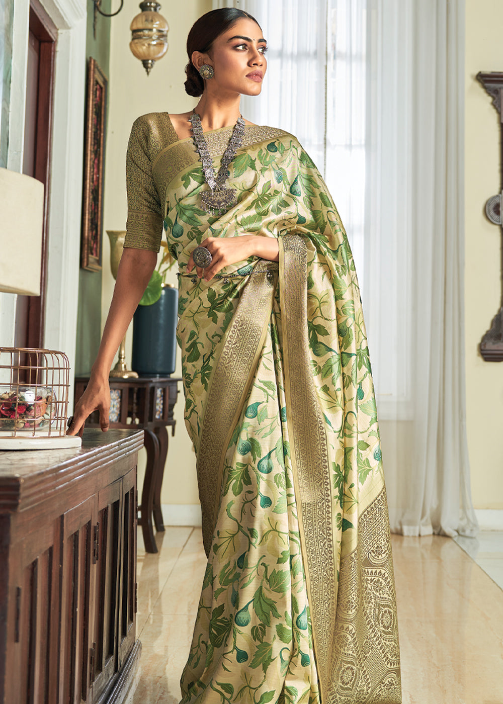 Spring Green Woven Banarasi Satin Silk Saree