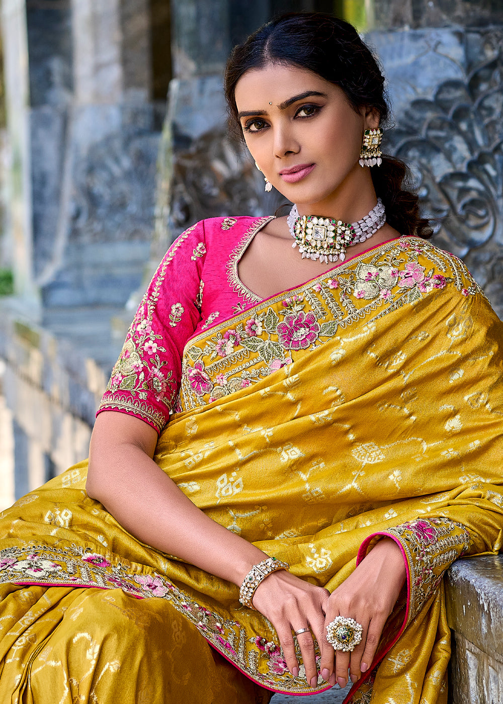 Amber Yellow Woven Designer Banarasi Embroidered Silk Saree