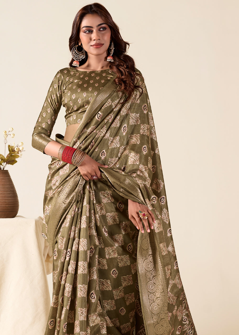 Leather Green Banarasi Printed Soft Silk Saree