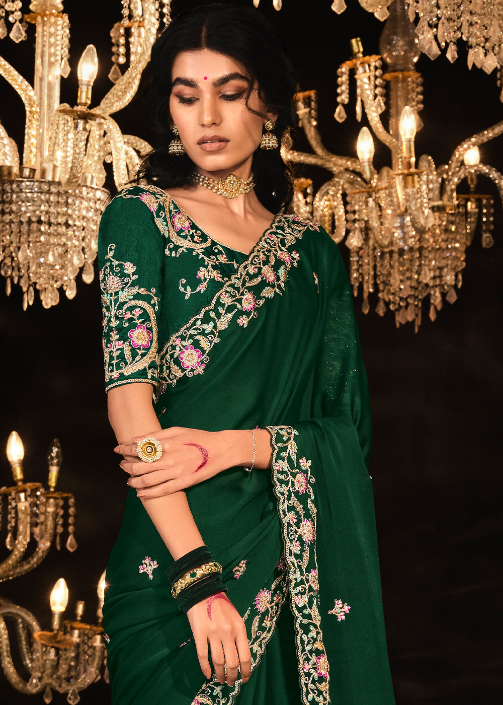 Bush Green Embroidered Designer Satin Silk Saree