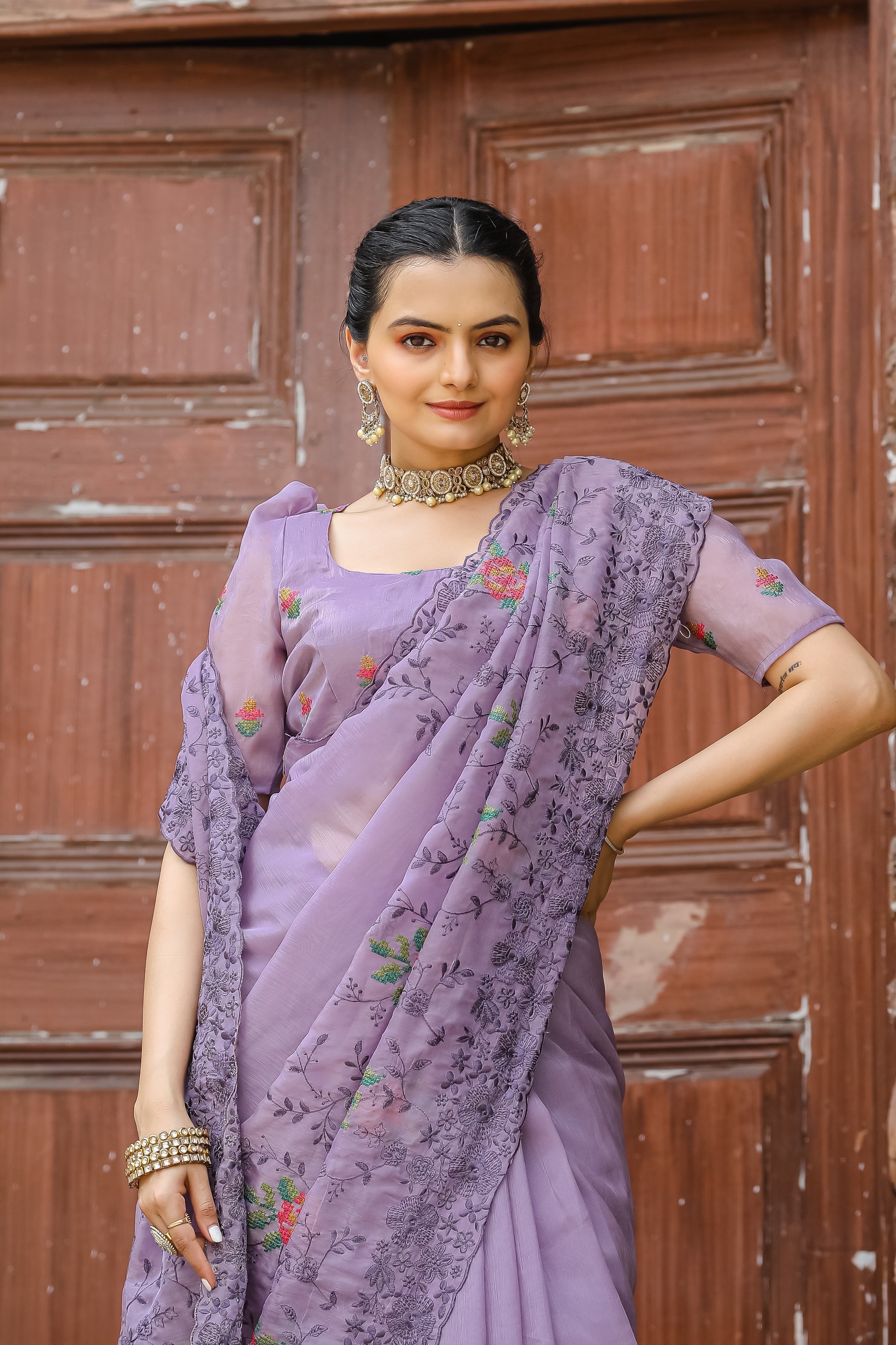 Glossy Grape Purple Embroidered Chiffon Silk Saree